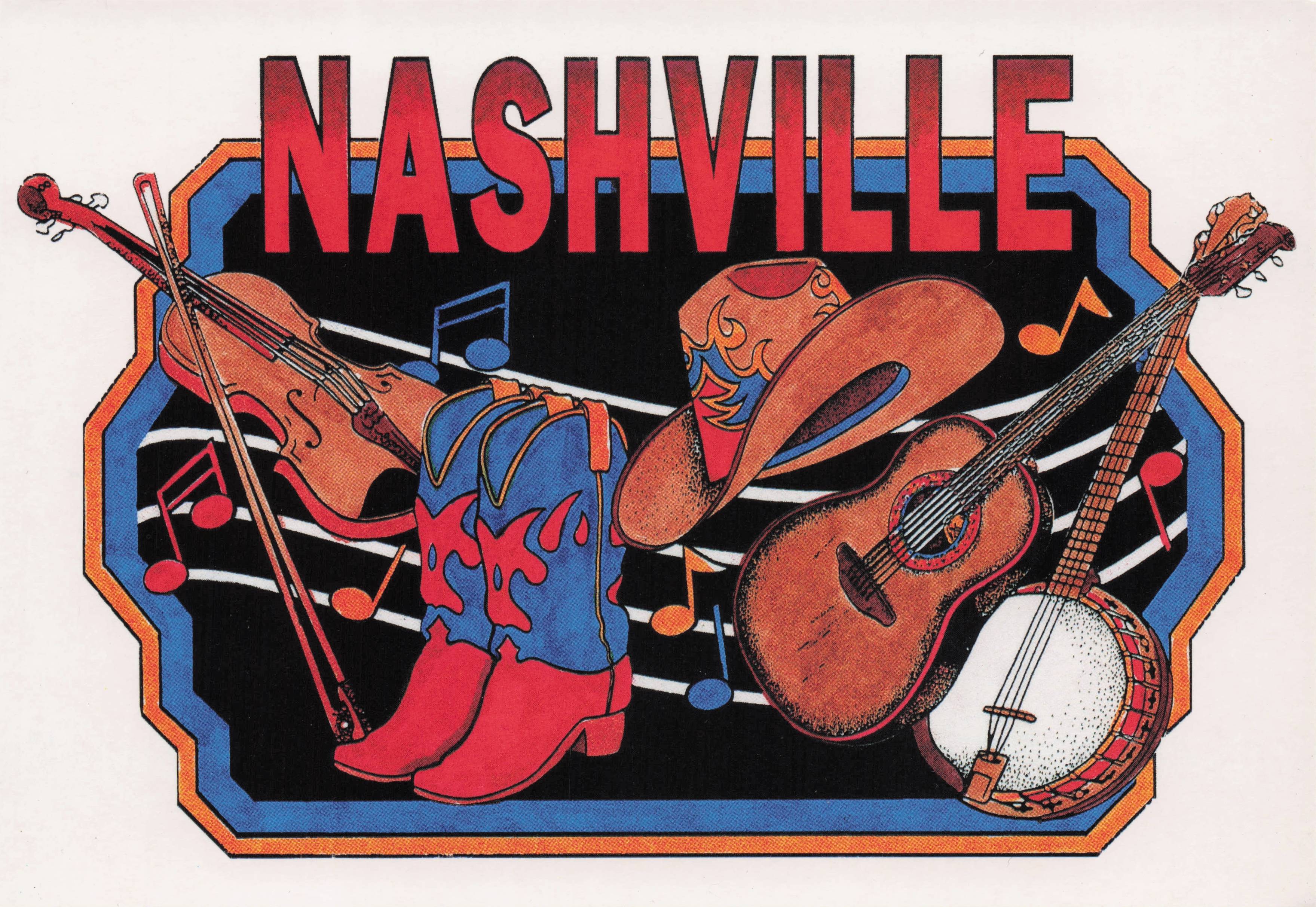 Nashville Country & Western Music Shoes Violin Banjo Hat Art Postcard