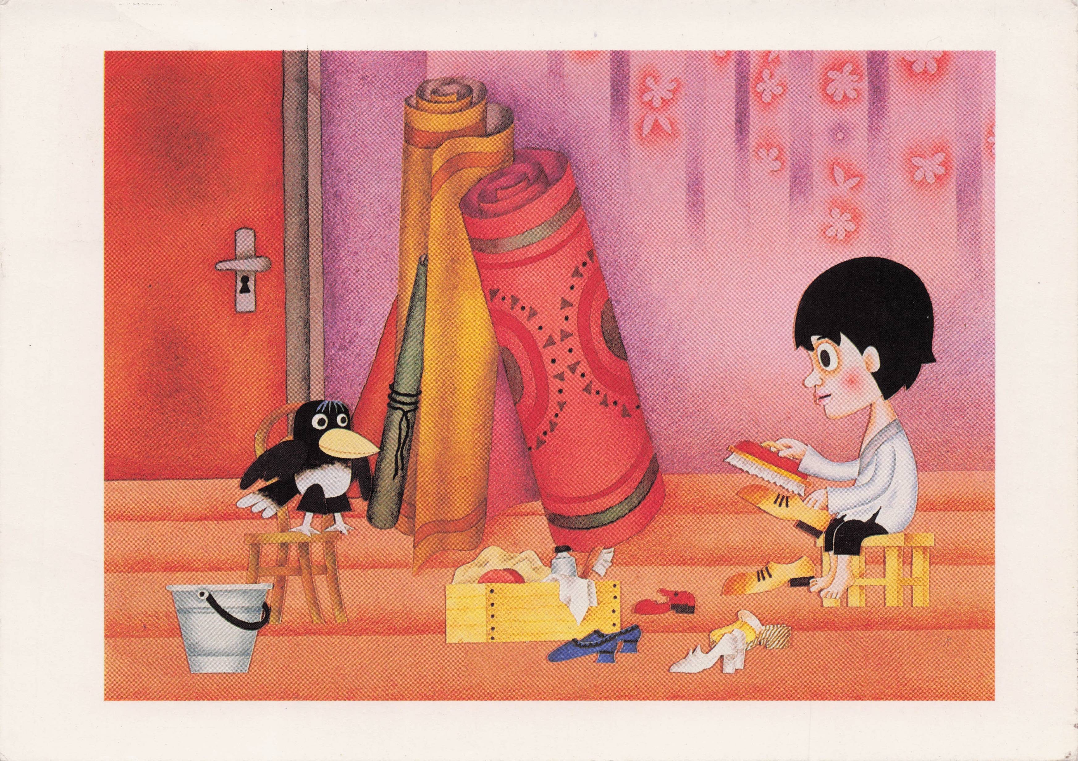 Czech Soviet Shoes Polisher Bird Art Illustrator Postcard