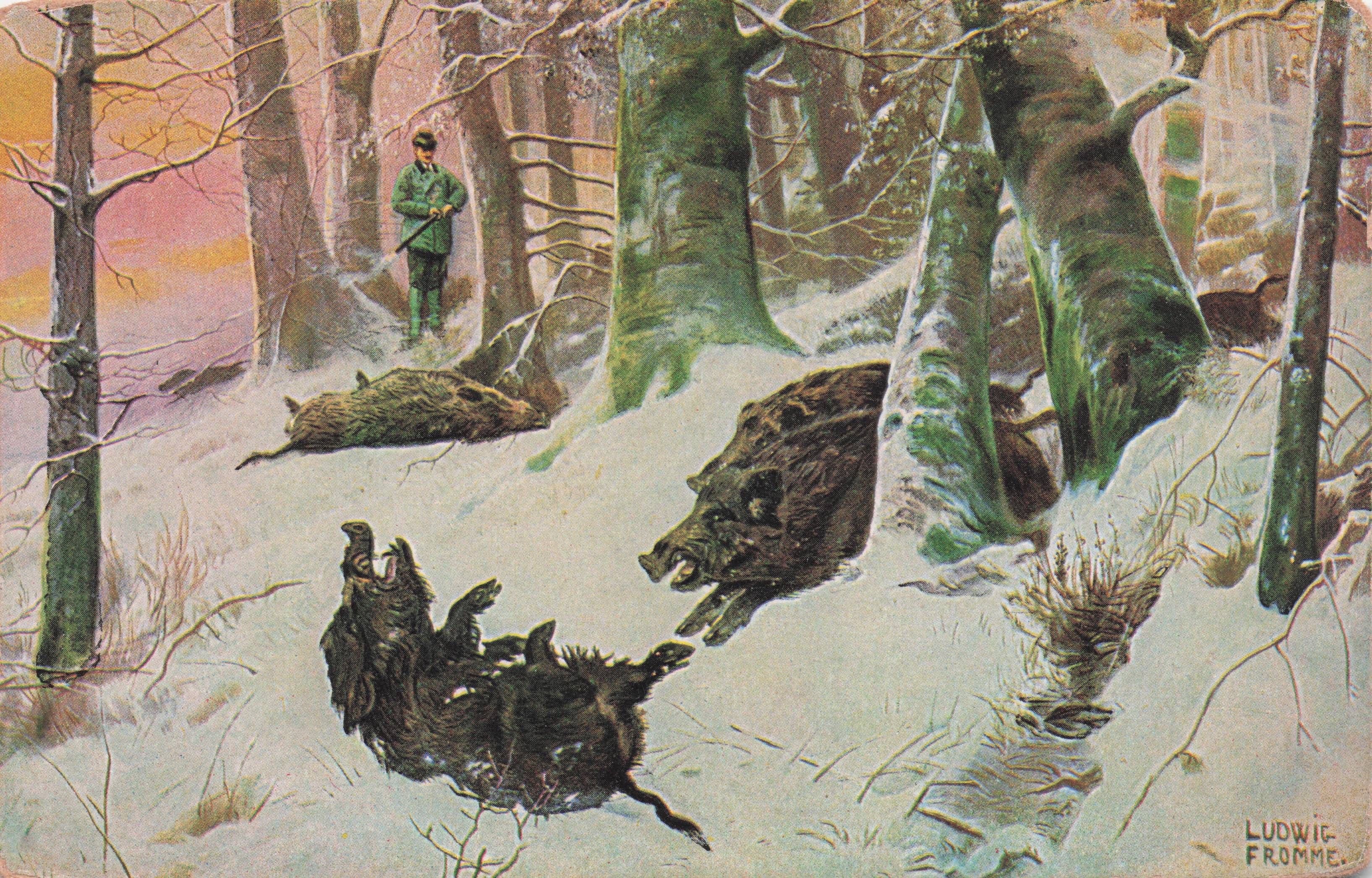 Hunter Shooting Wild Boar Antique Oilette Painting Postcard