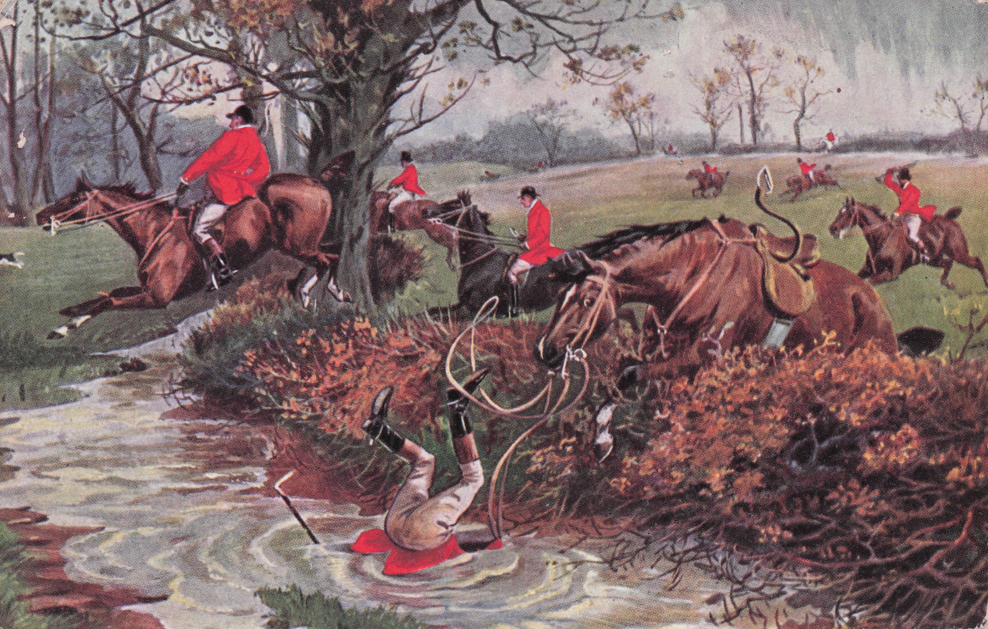 Fox Hunting Horse Race Riders Disaster Fall Comic Antique Postcard