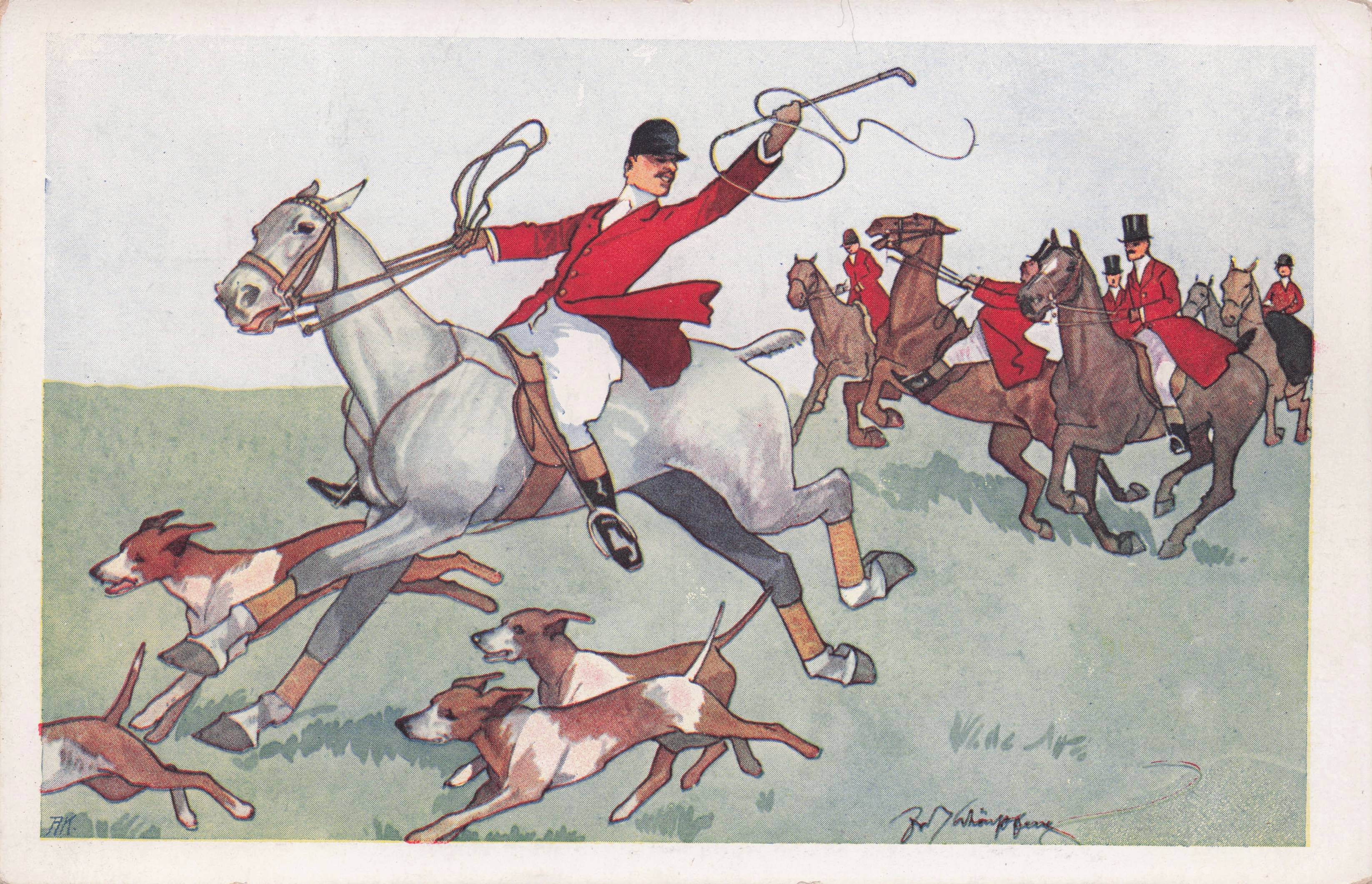 Austrian Horse Race Fox Hunt Whip Bugle Antique Postcard
