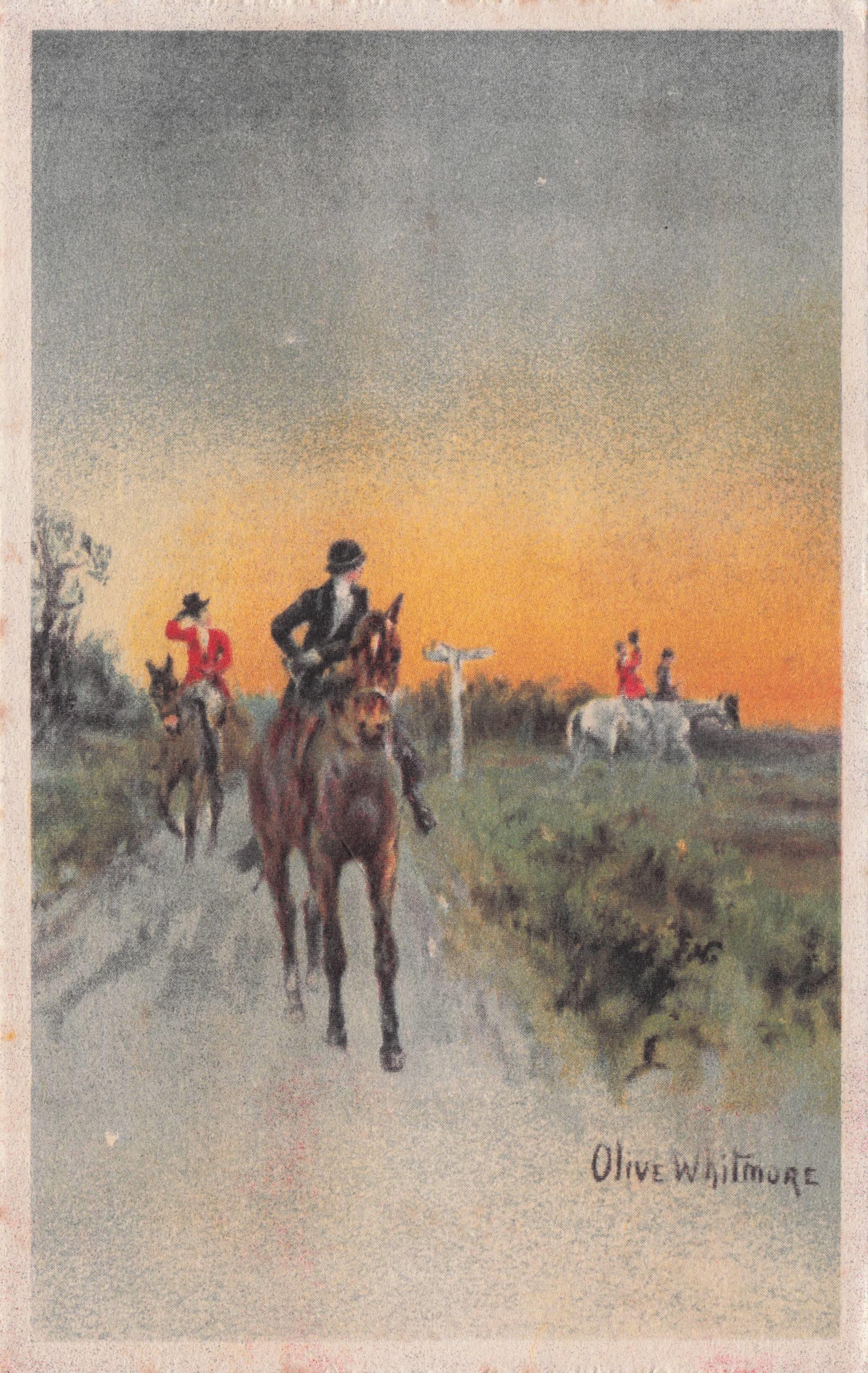 Fox Hunting At Village Signpost Horses Olive Whitmore Painting Postcard