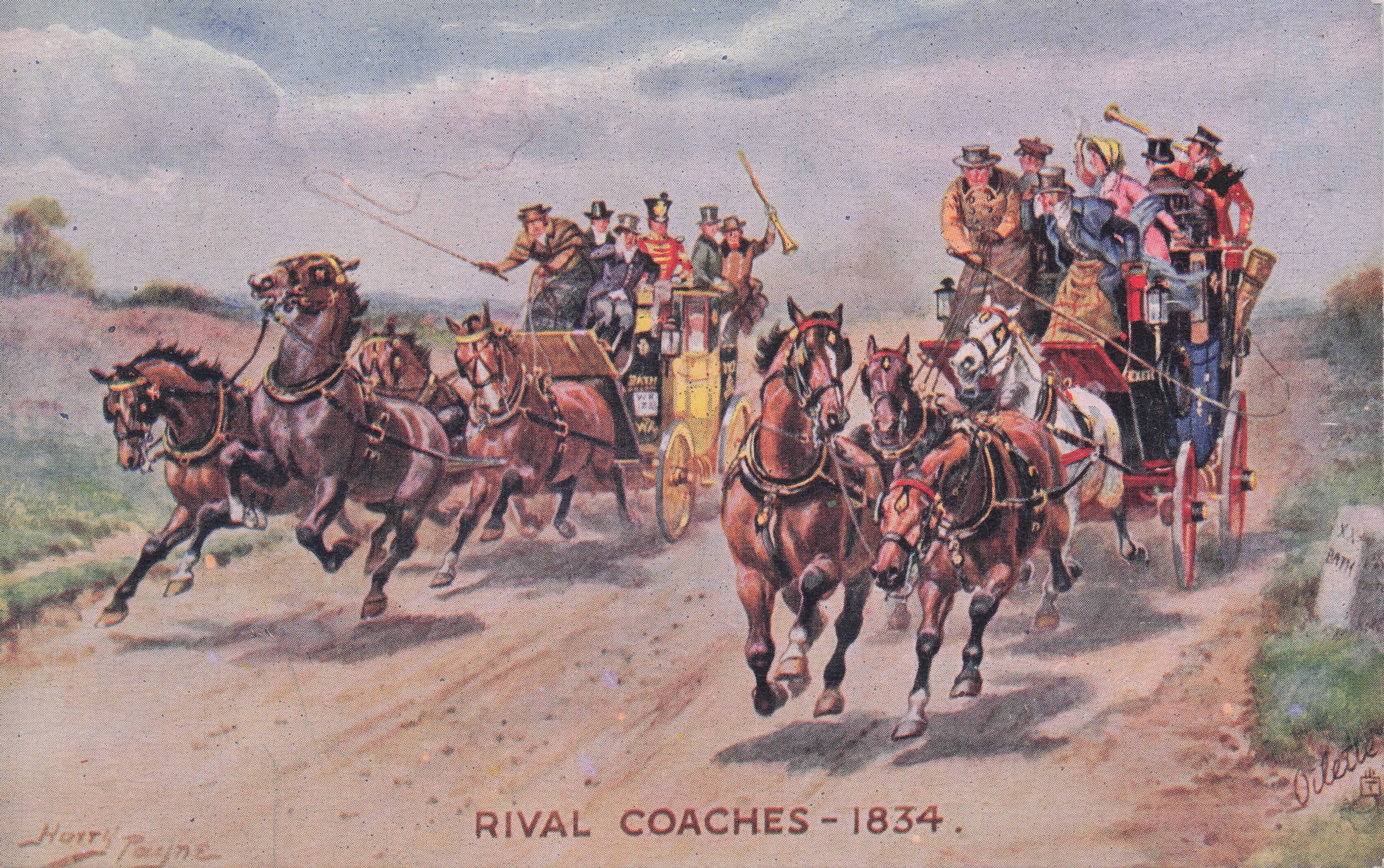 Rival Coaches Victorian Transport Race 1834 Tucks Painting Postcard