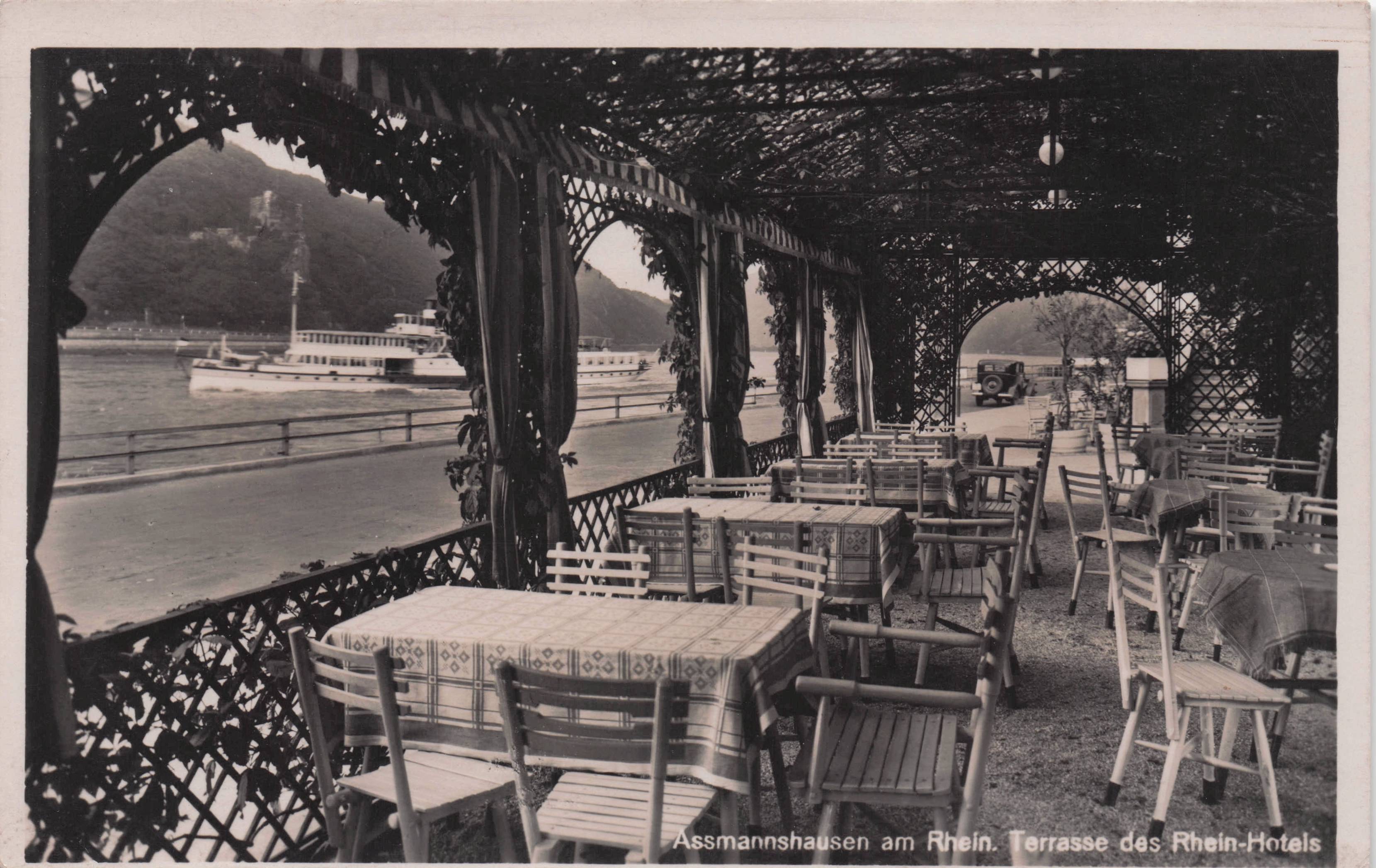 Ship Passing Restaurant Assmannshausen Rhein Hotel German RPC Postcard