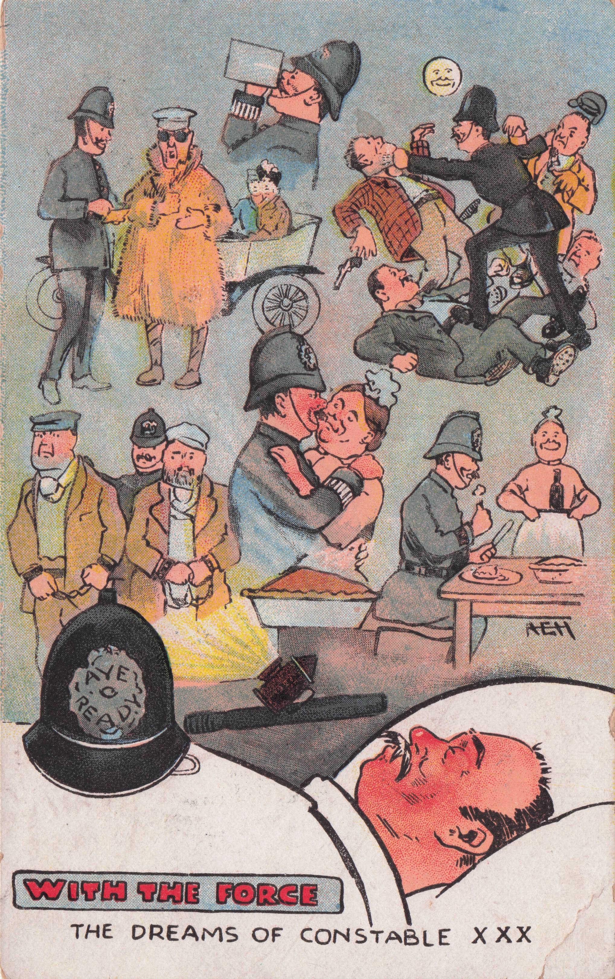 Policeman Dreams Drinking Beer Kissing Fat Lady Antique Comic Postcard