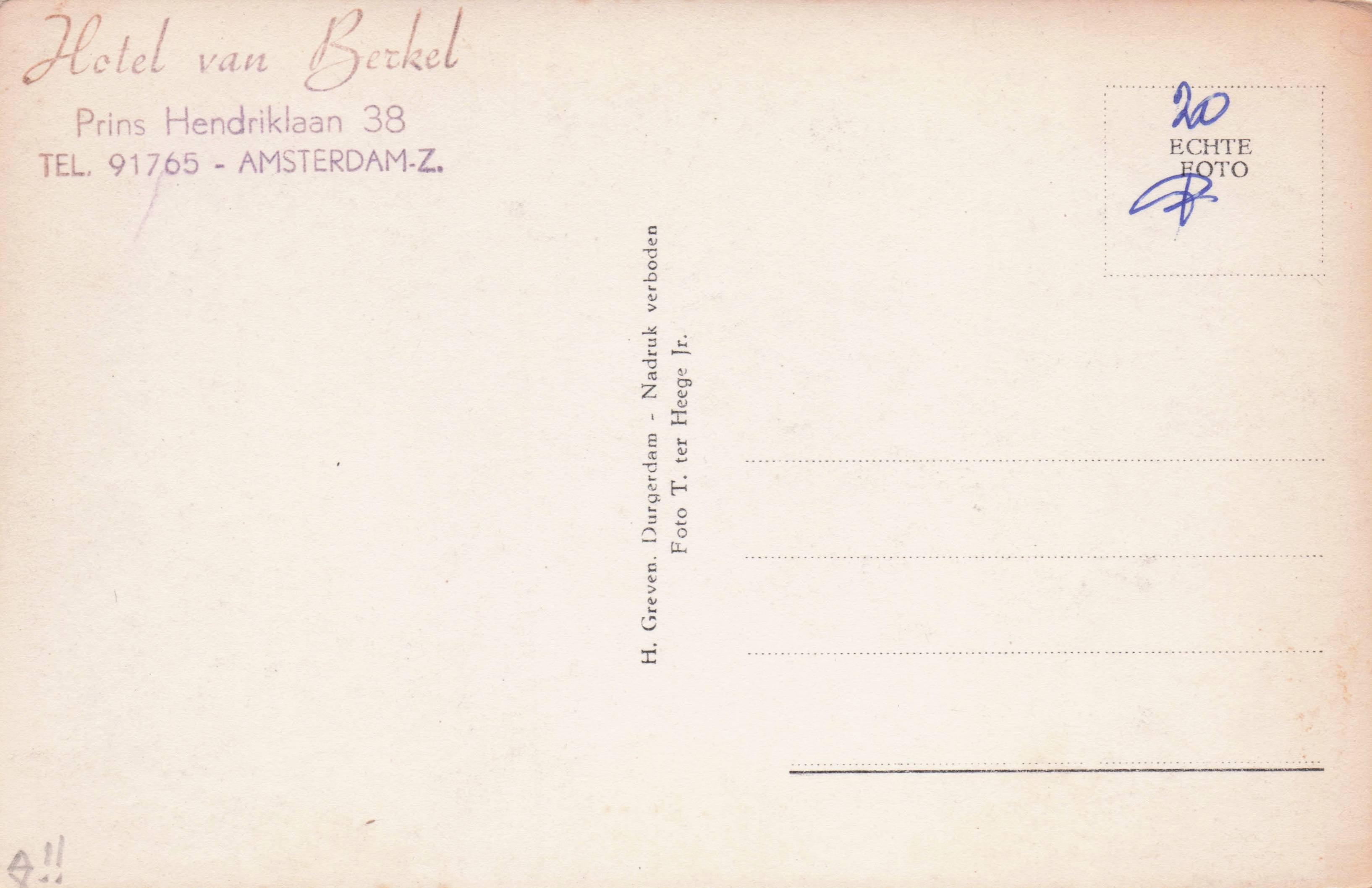 Hotel Van Berkel Amsterdam & Official Frank Real Photo Holland Postcard