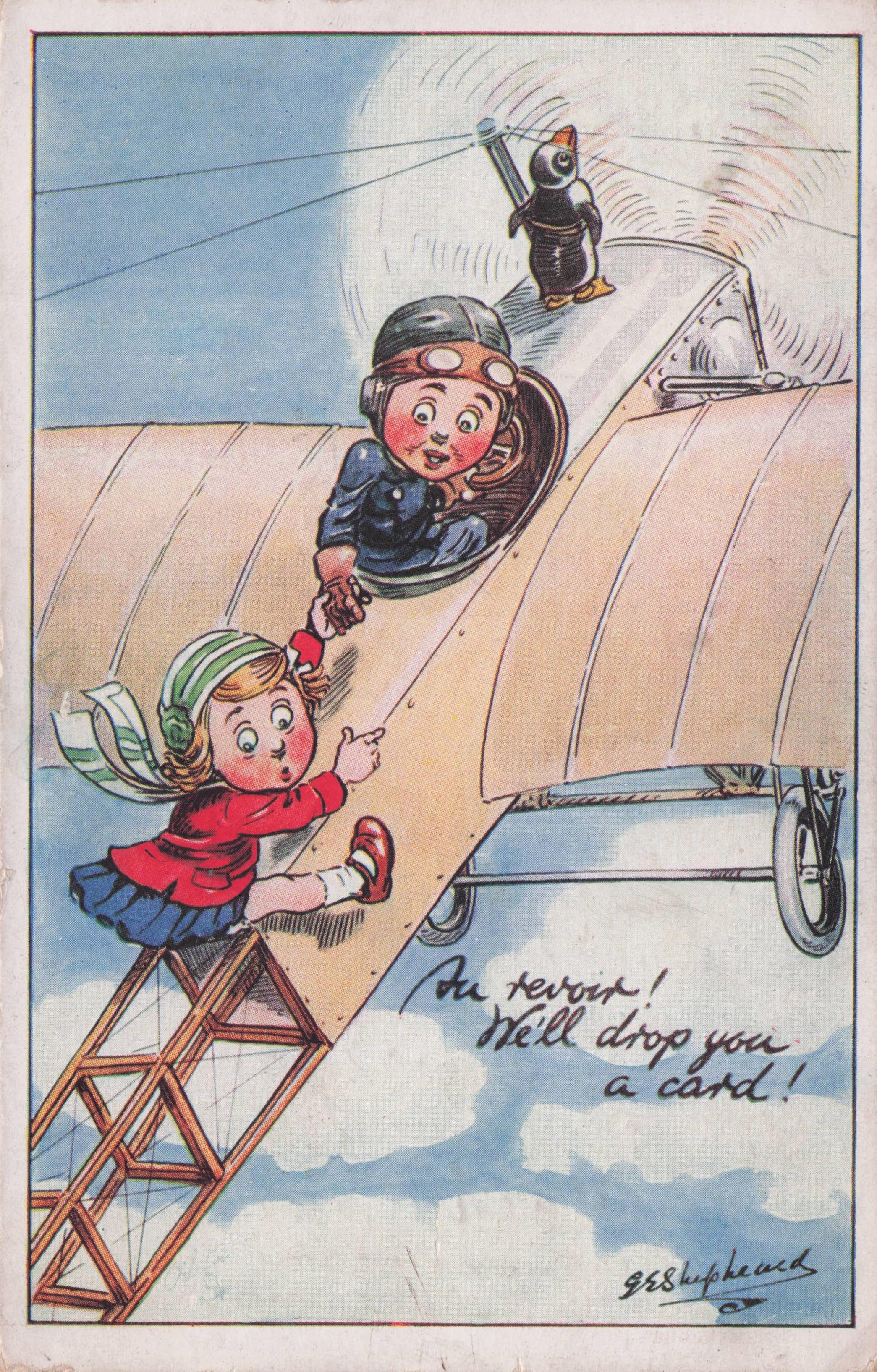 Boy Biggles Pilot Children Aircraft Disaster Old Tucks Comic Postcard