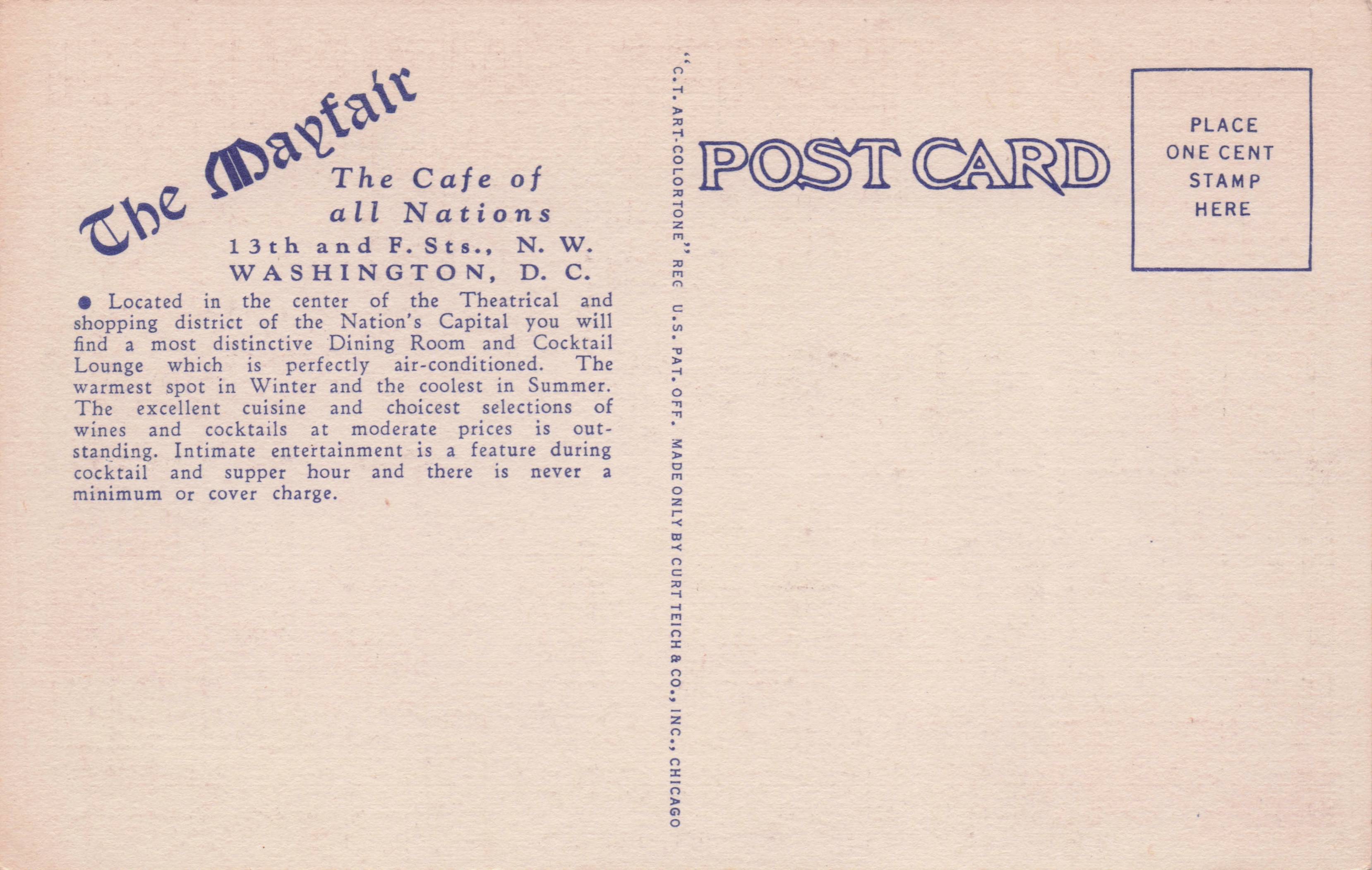 The Mayfair Cafe Restaurant Washington USA Interior Linen Old Postcard