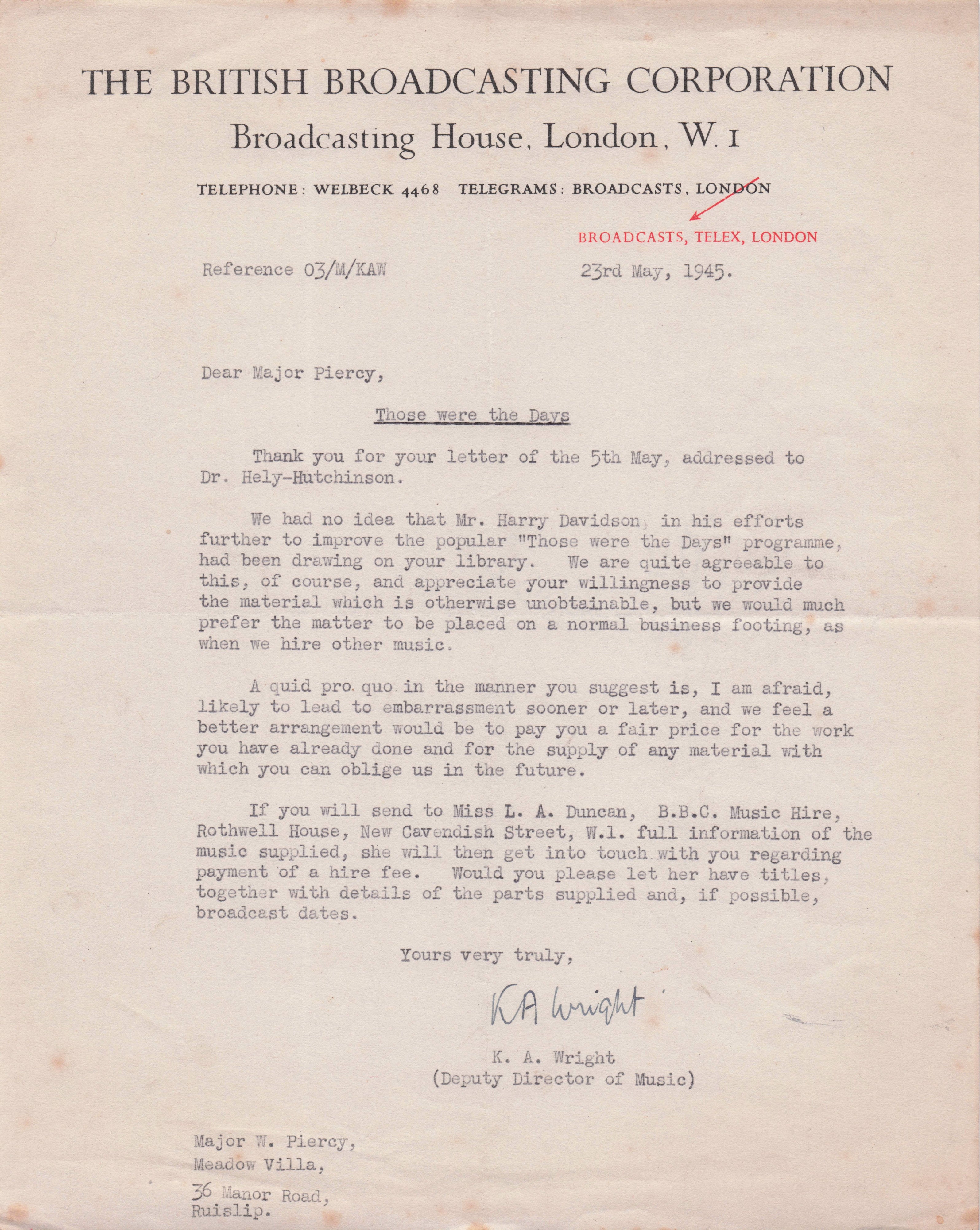 Kenneth K.A. Wright BBC WW2 Classical Music Composer Hand Signed Letter