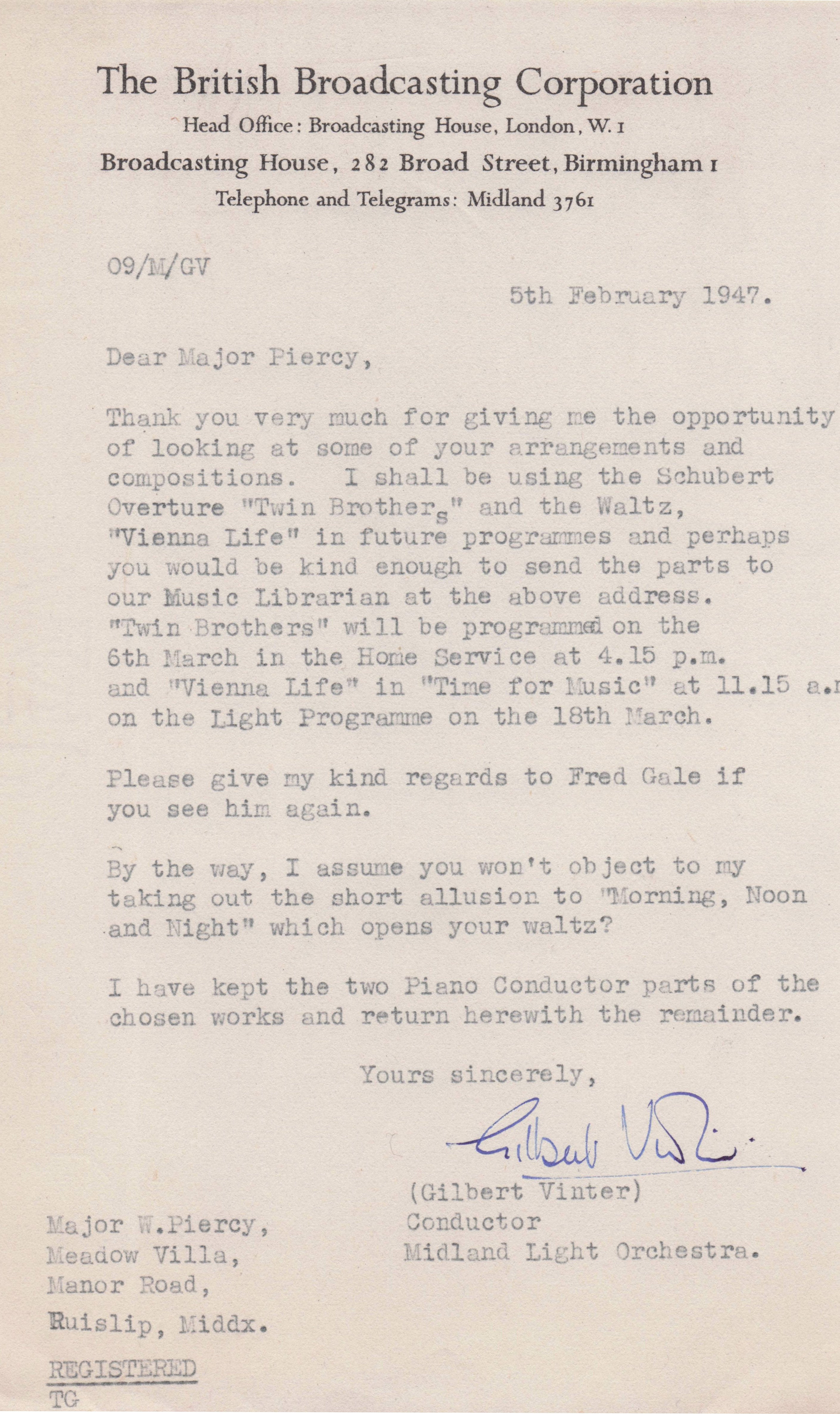 Gilbert Vinter BBC Brass Band WW2 RAF Military Orchestra Hand Signed Letter