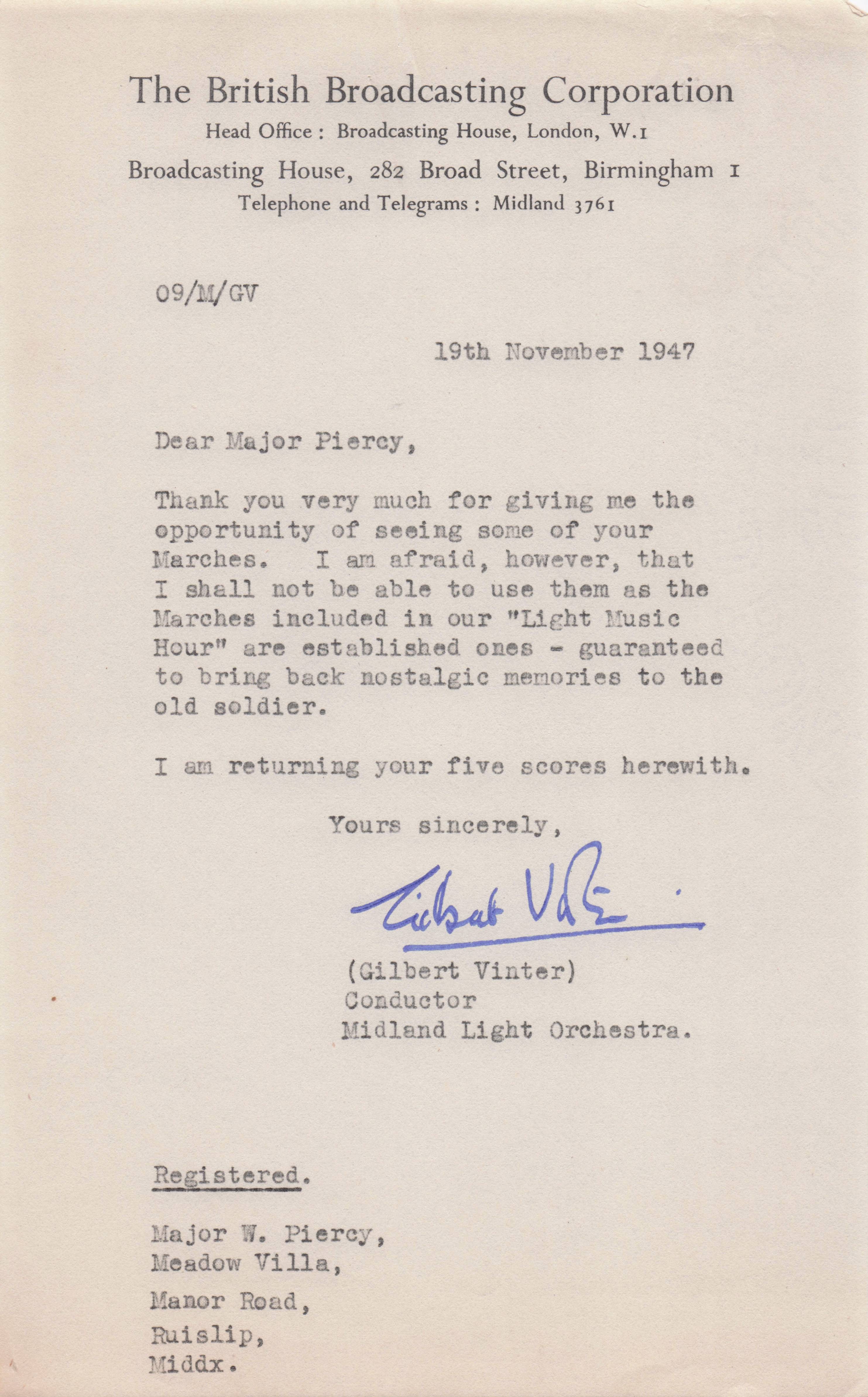 Gilbert Vinter RAF Central WW2 BBC Military Band Leader Hand Signed Letter