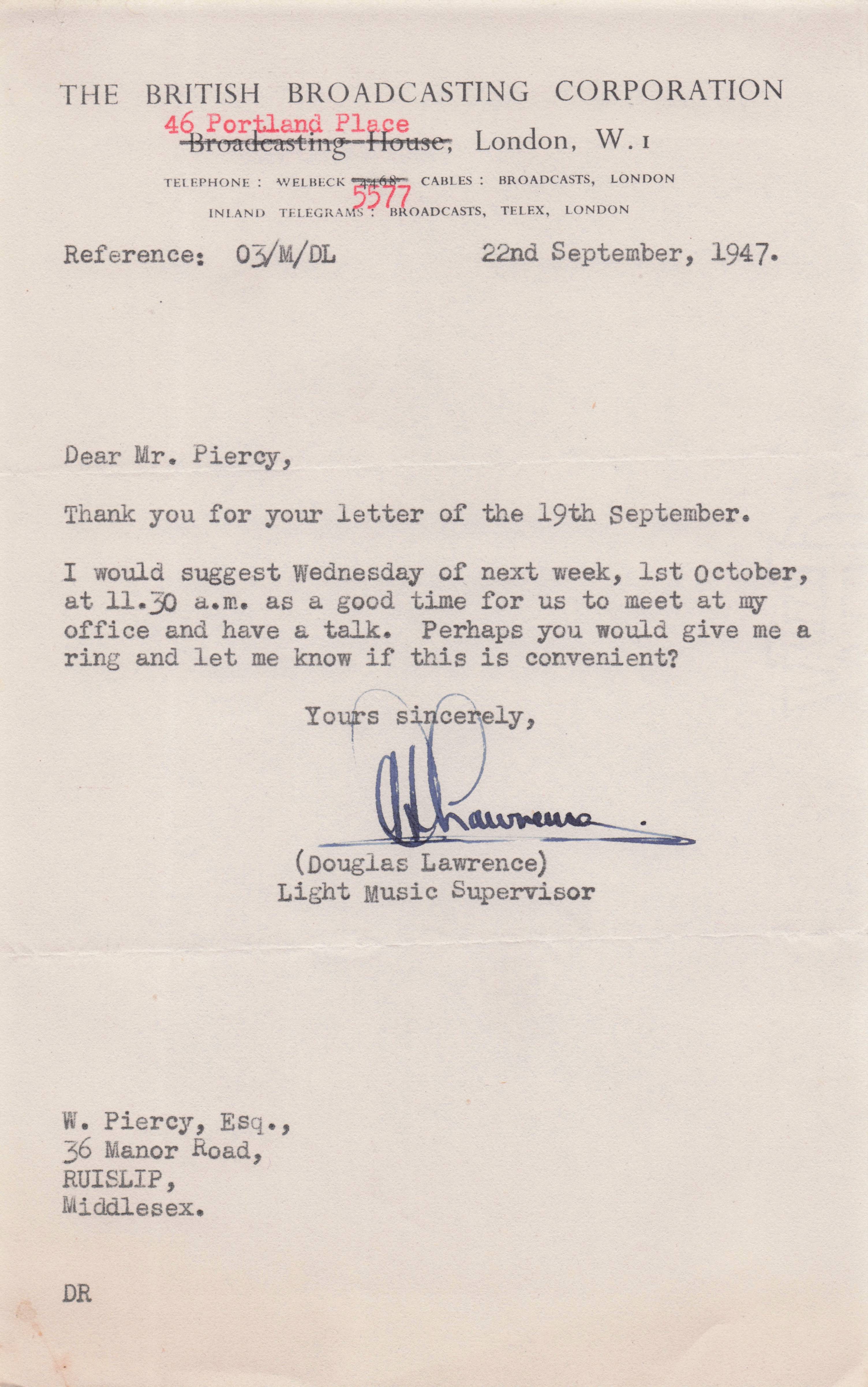 Douglas Lawrence BBC Radio Music Composer Director Hand Signed Letter