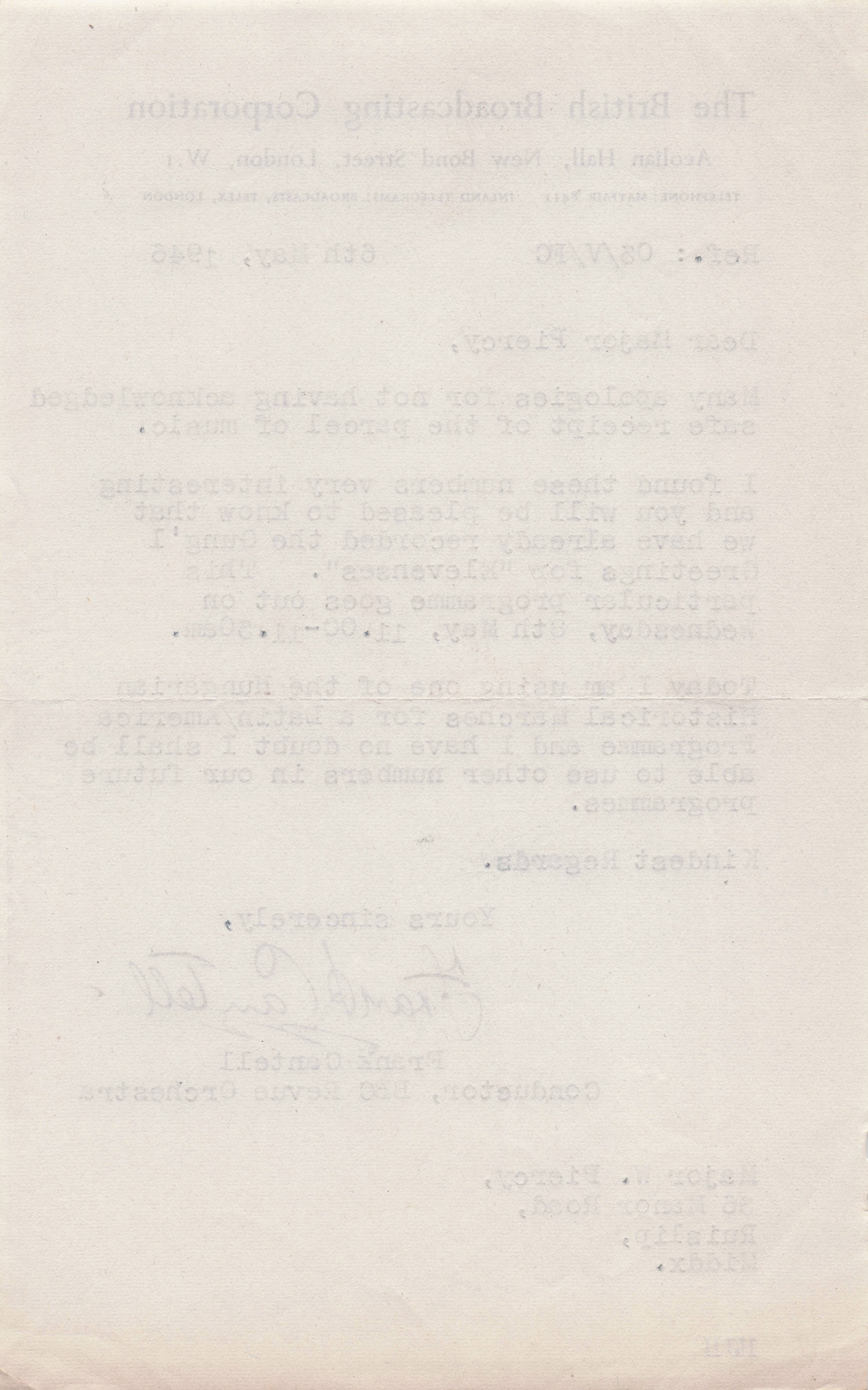 Frank Cantell BBC Orchestra Conductor Hungarian March Hand Signed Letter