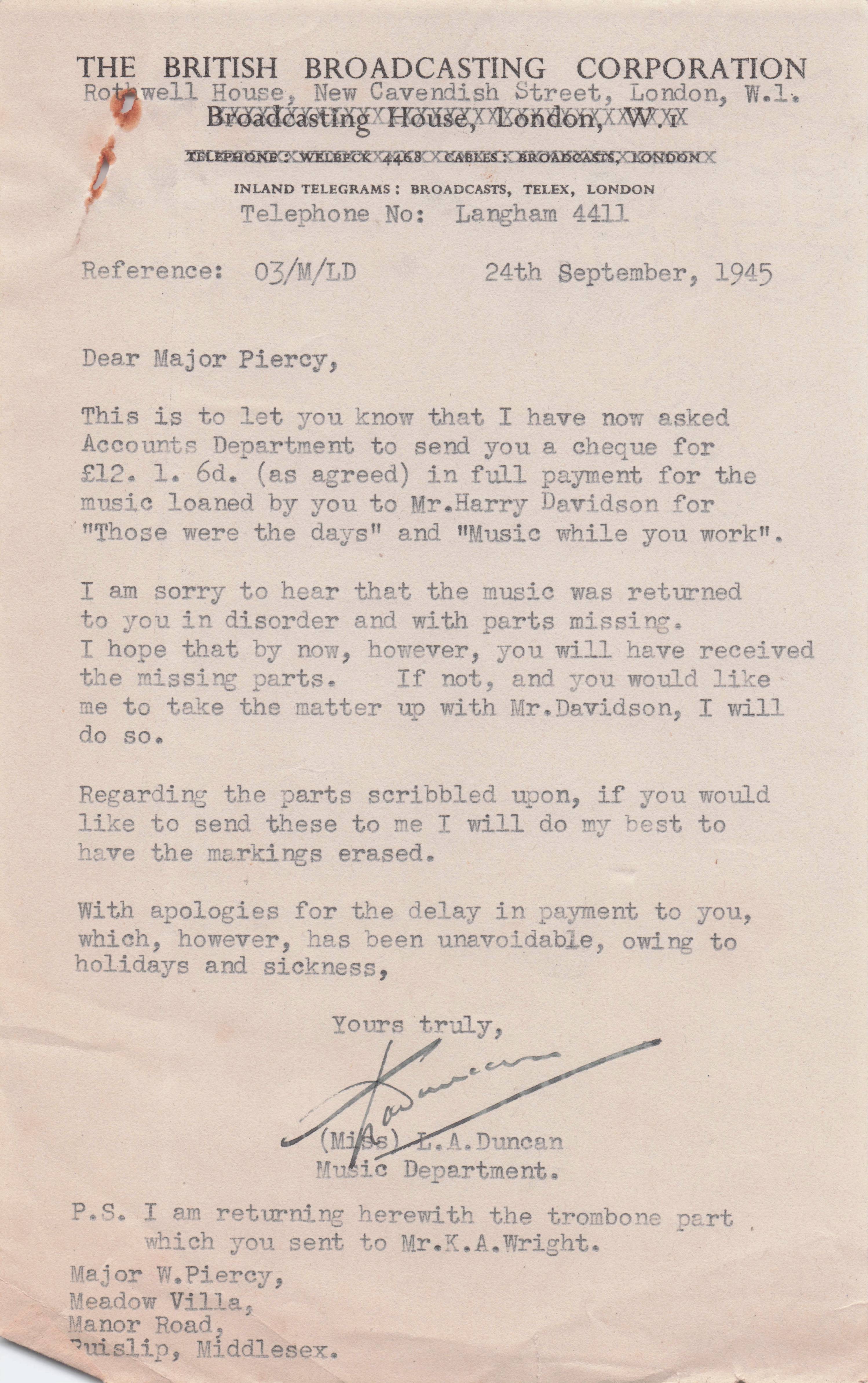 Those Were The Days BBC Radio Harry Davidson Music WW2 Hand Signed Letter