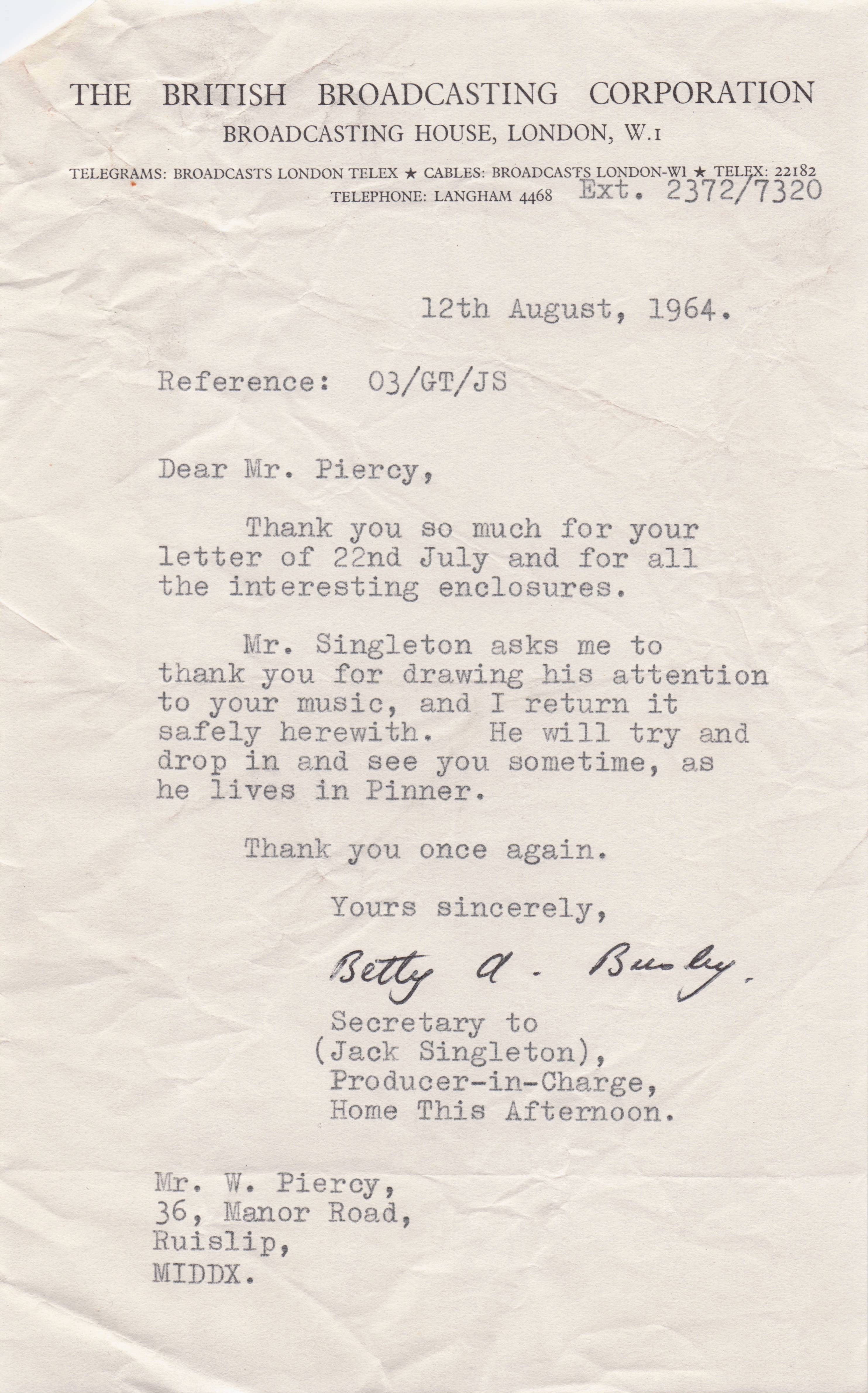 Allan Wood BBC Welsh Dance Orchestra Middlesex Old Hand Signed Letter