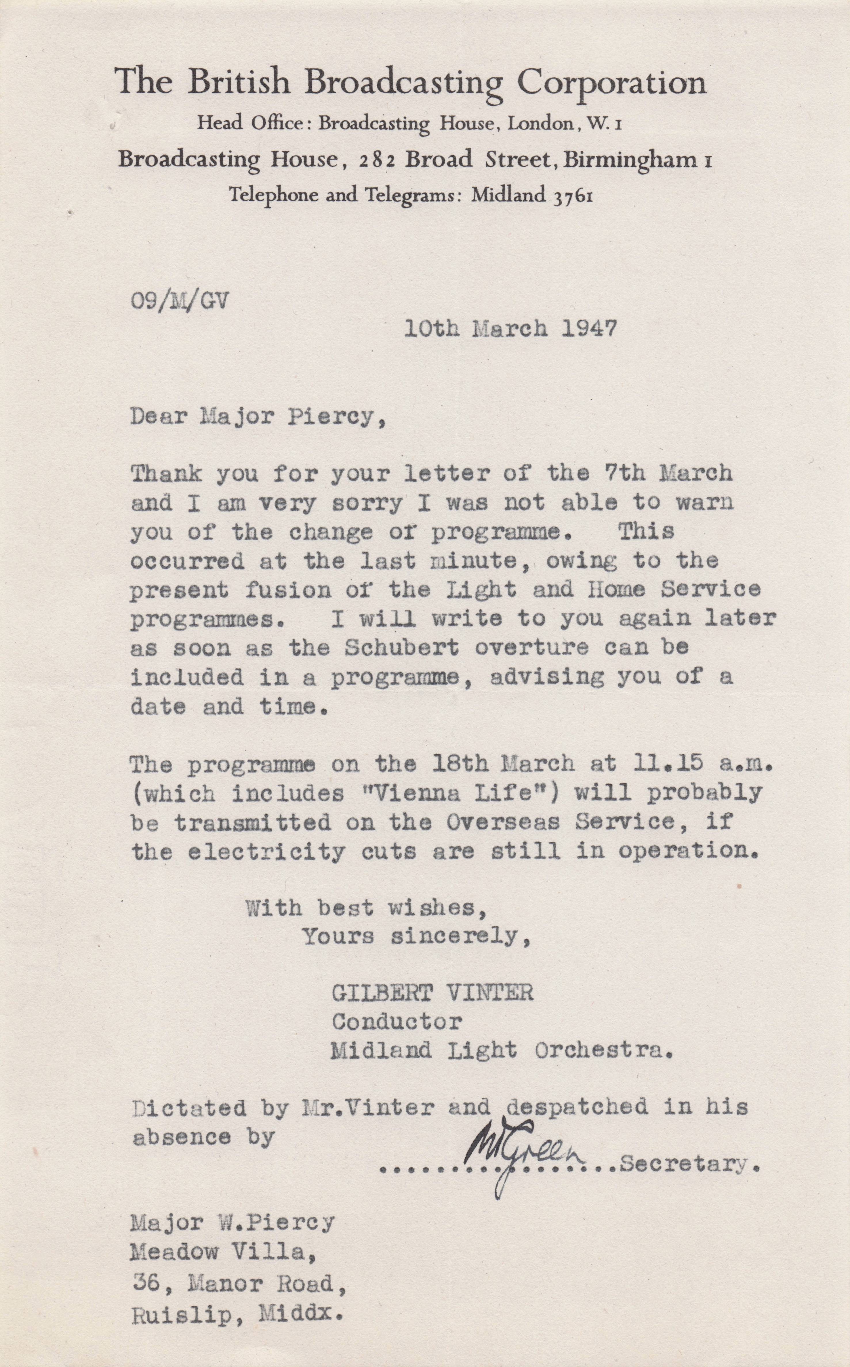 Vienna Home Services Radio WW2 BBC Gilbert Vinter Hand Signed Letter