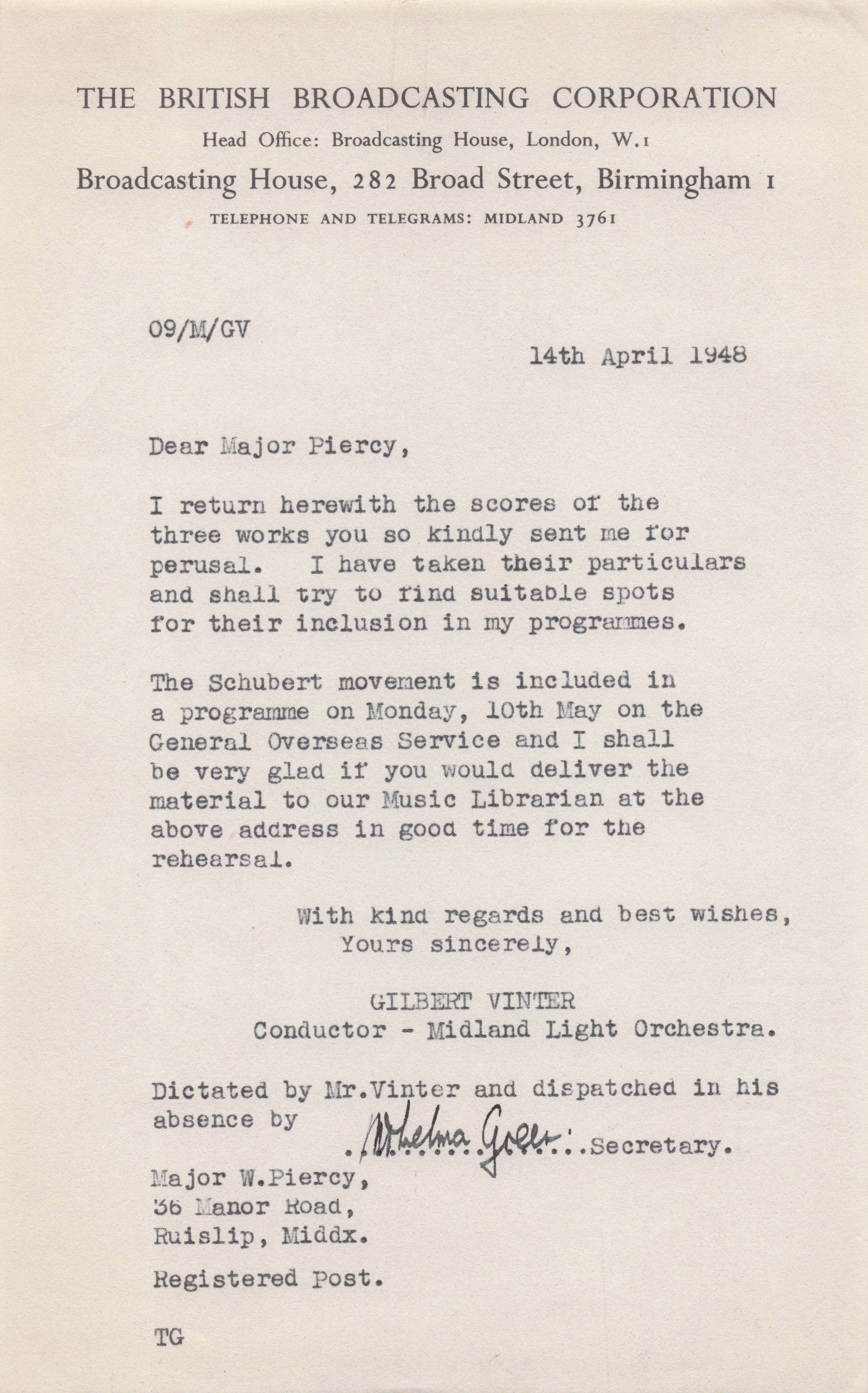 Midland Light Orchestra 1940s Schubert Music Gilbert Vinter Hand Signed Letter