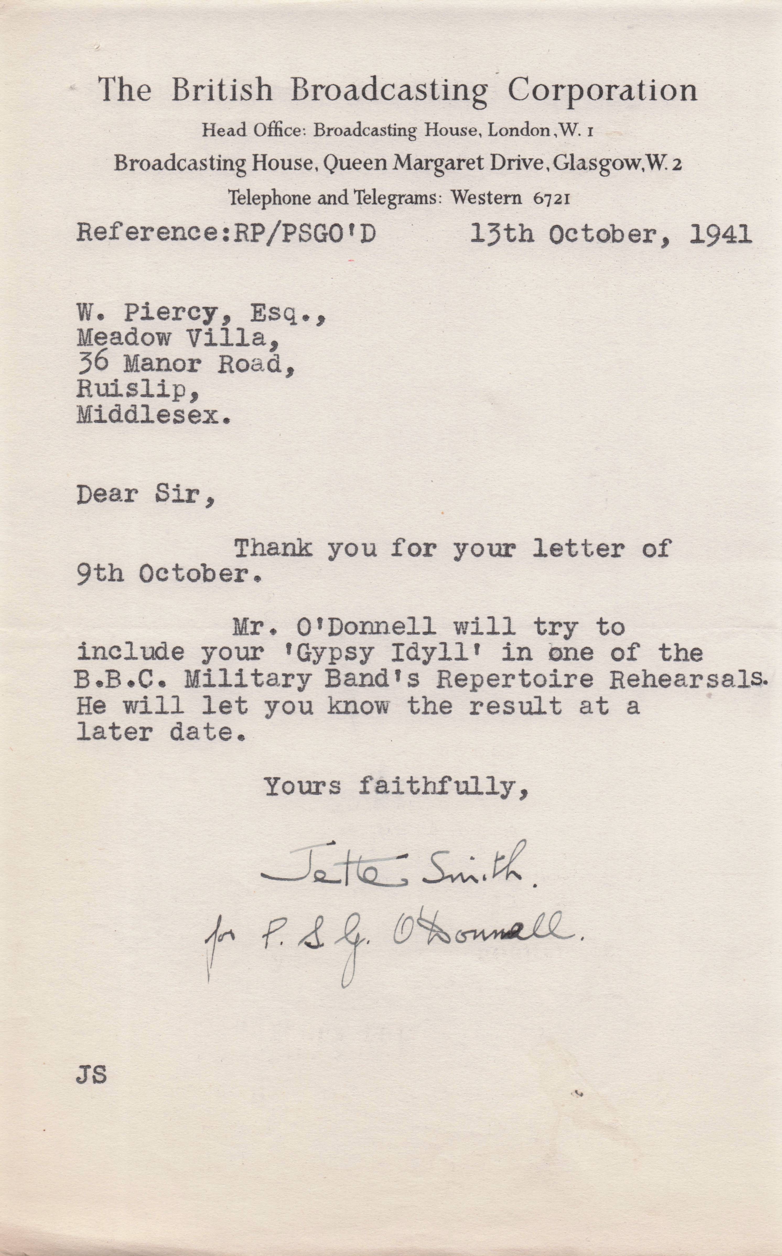 Gypsy Music BBC Military Band WW2 Radio PSG O'Donnell Hand Signed Letter