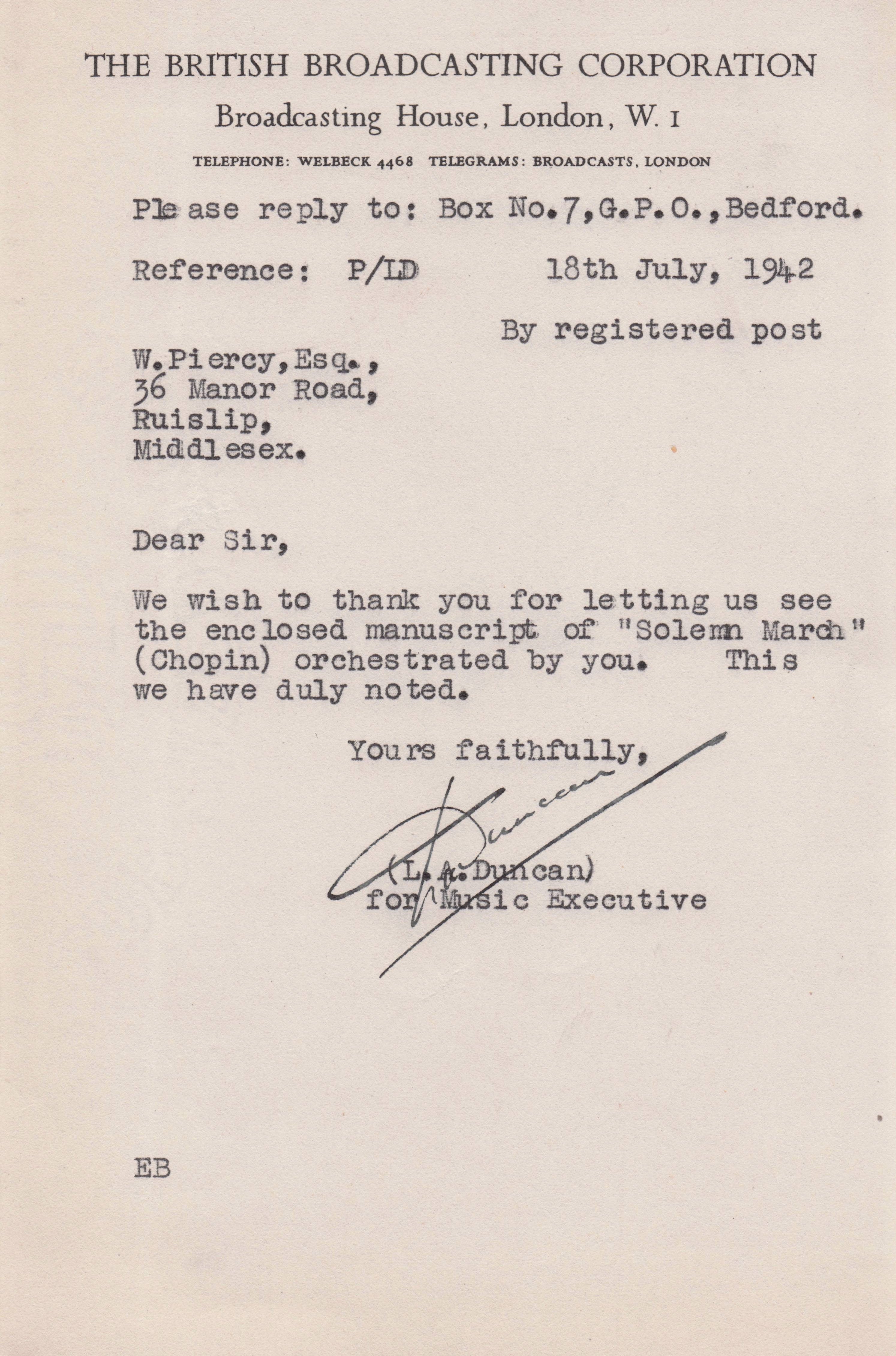 L.A.Duncan BBC WW2 Radio Curator Cardiff Music Score Hand Signed Letter