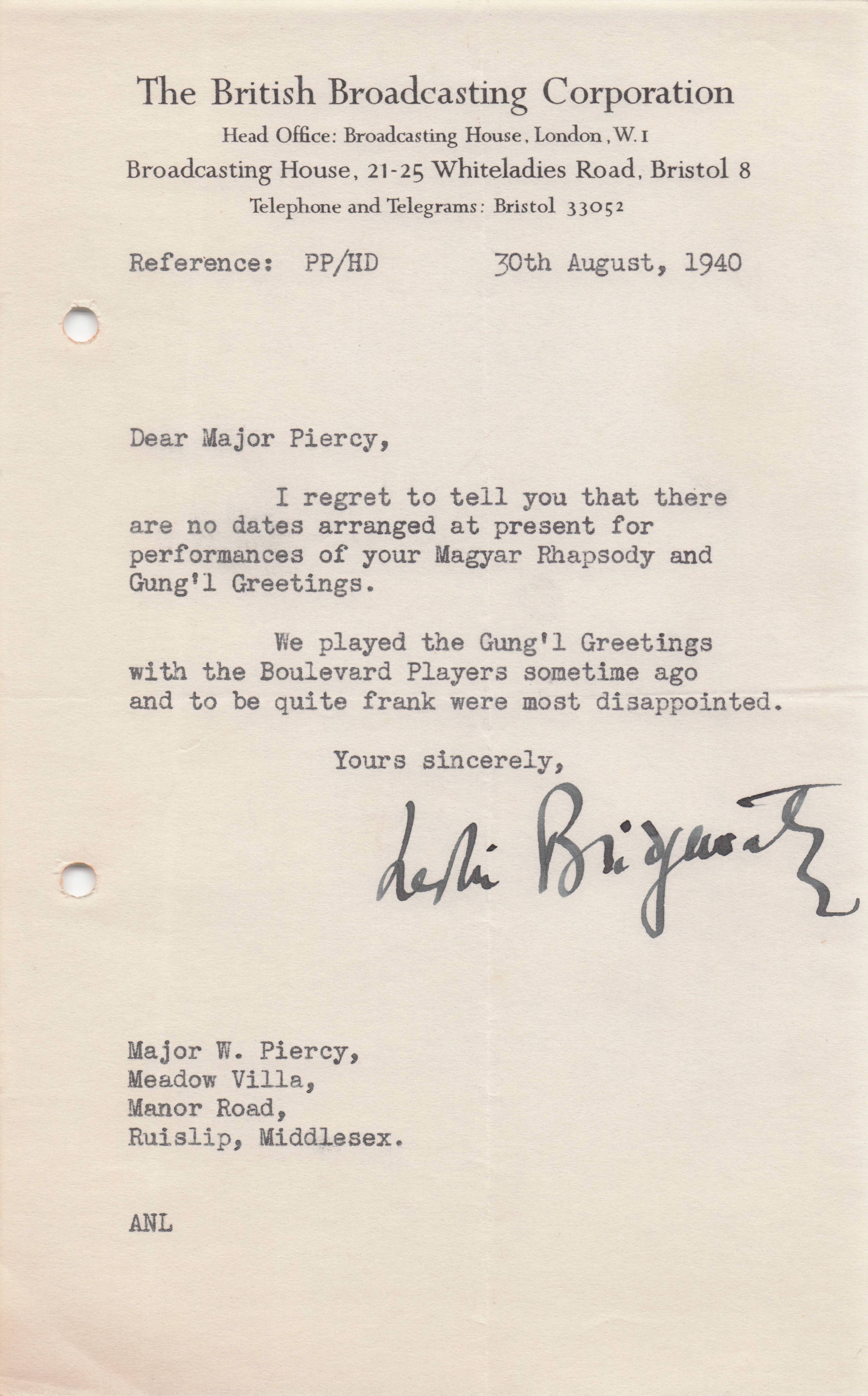 Leslie Bridgewater BBC Radio & Film Orchestra WW2 Hand Signed Letter