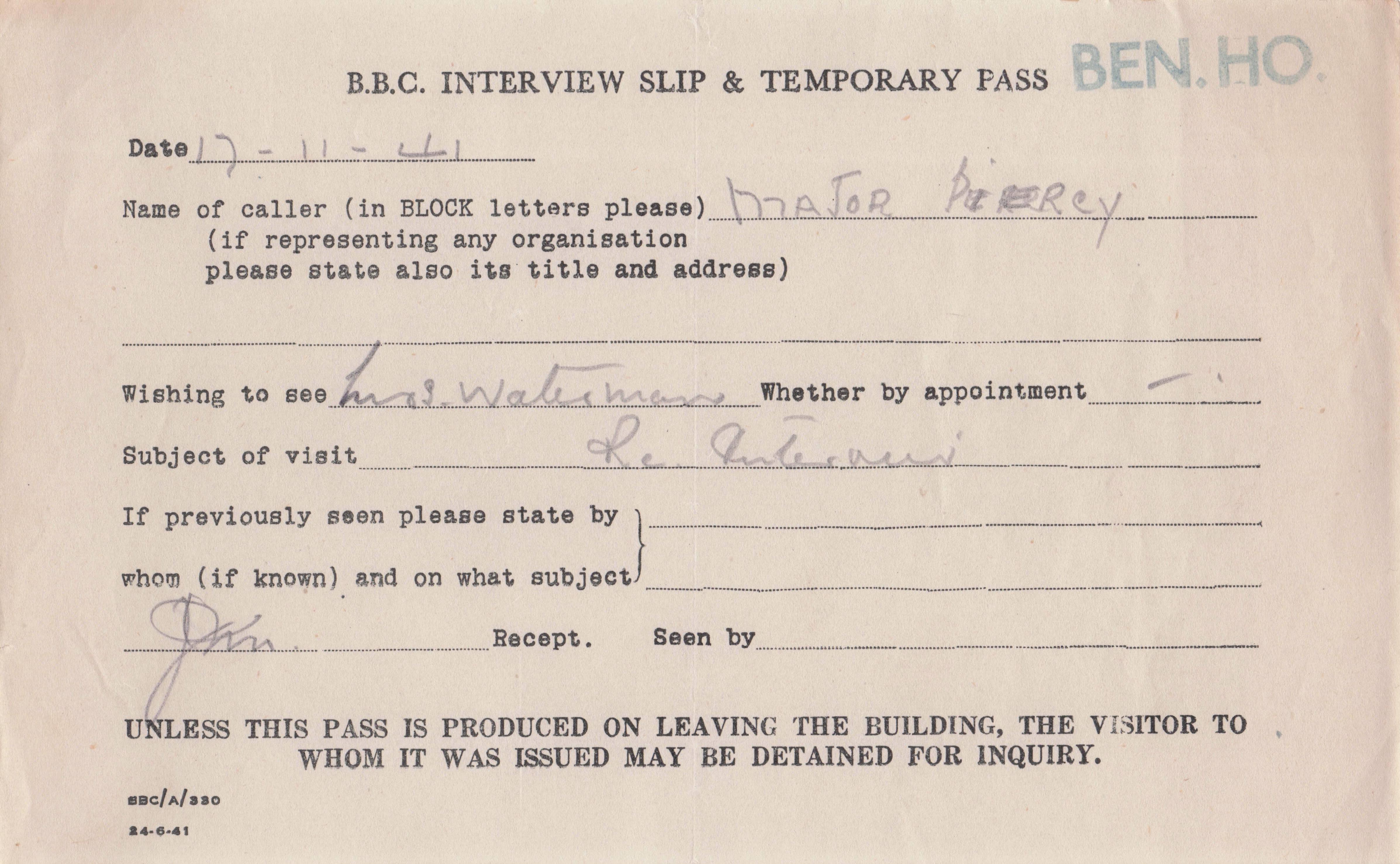 BBC Radio WW2 1941 HQ Private Studios Pass To Military Music Composer