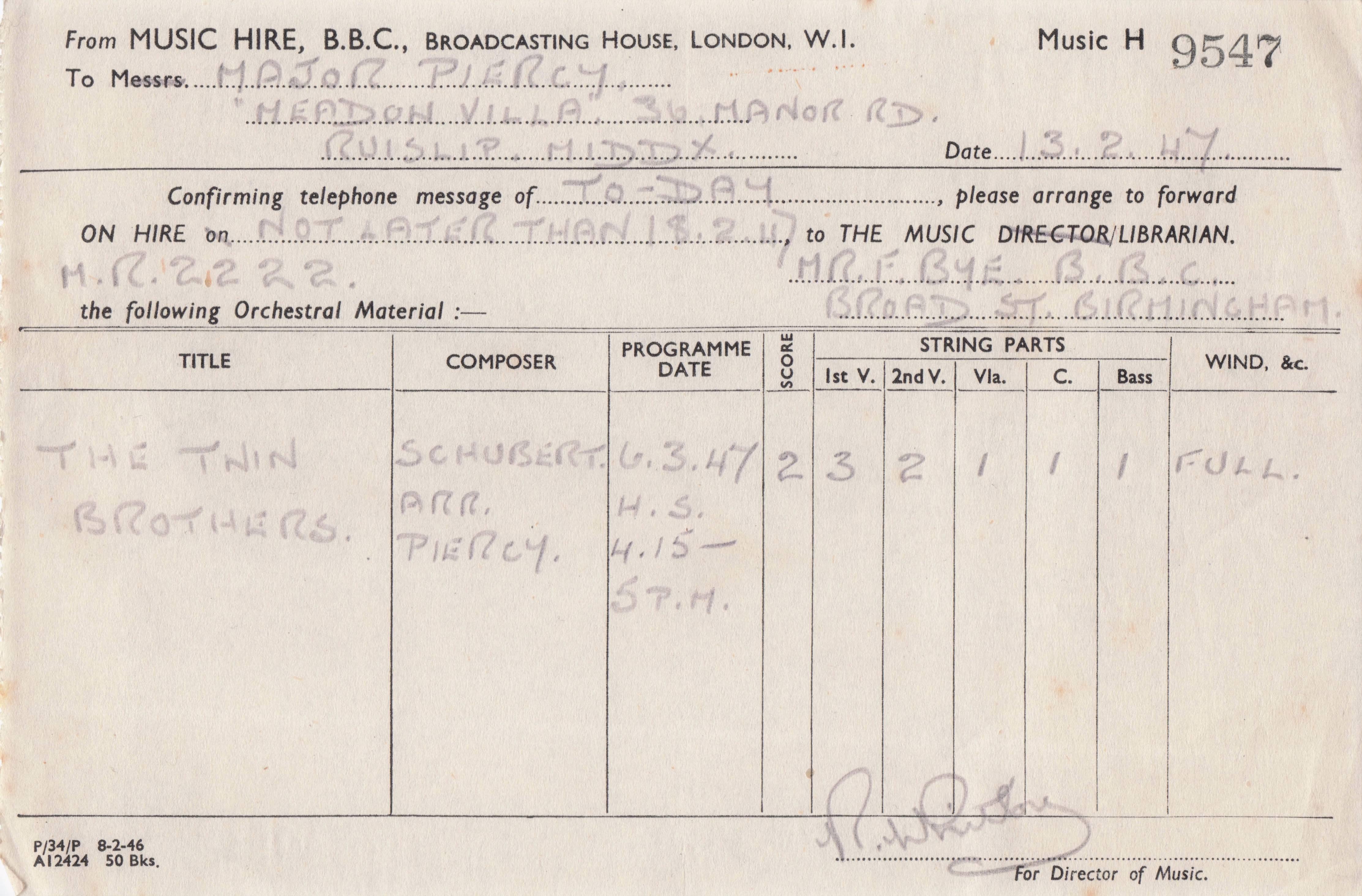 BBC Music Library 1940s Sheet Radio Military Composer Hand Signed Receipt