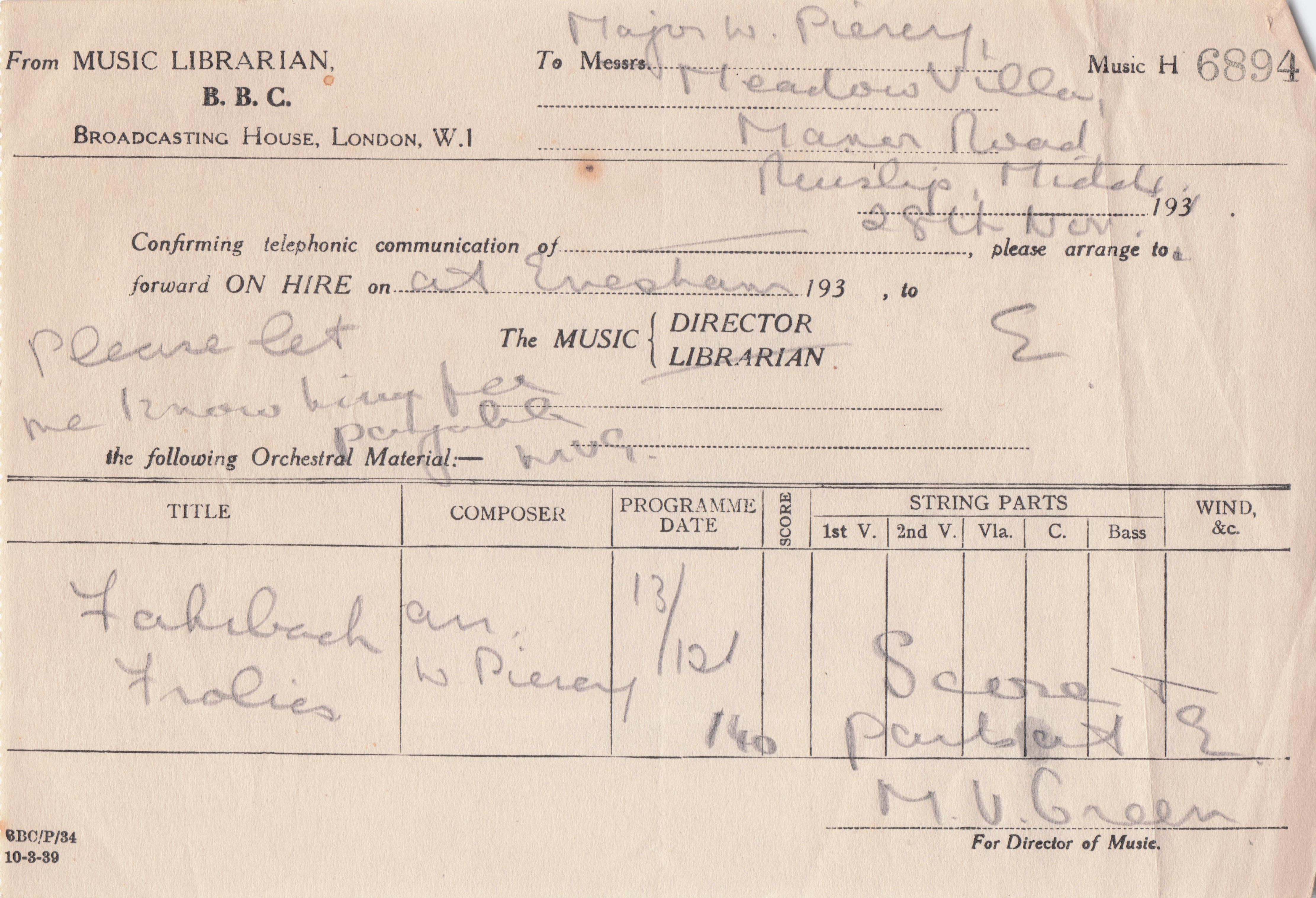 BBC Music Library 1940s Director Radio Frolics Hand Signed Receipt Ephemera
