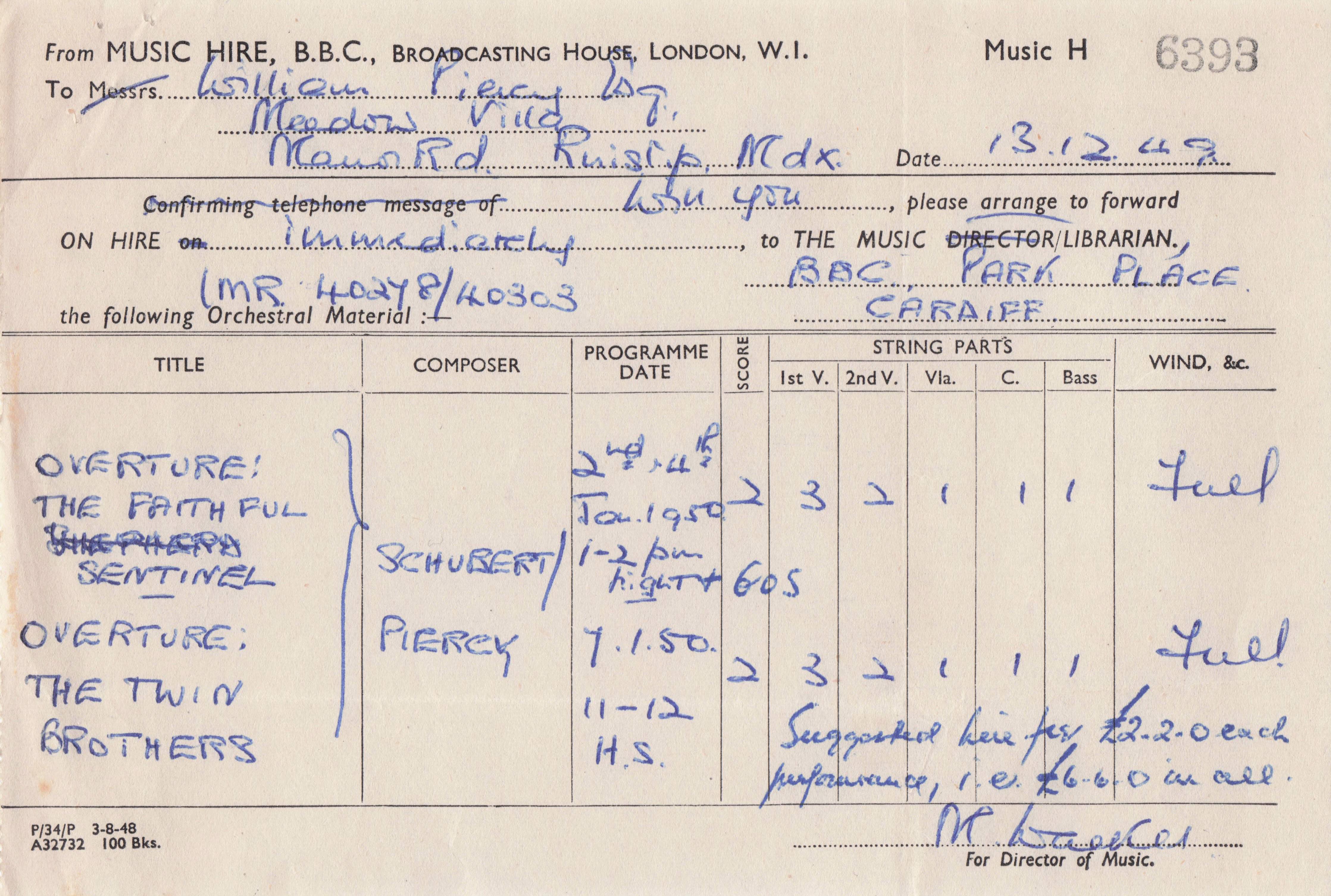 Schubert Overture BBC Library 1948 Director Of Music Hand Signed Receipt