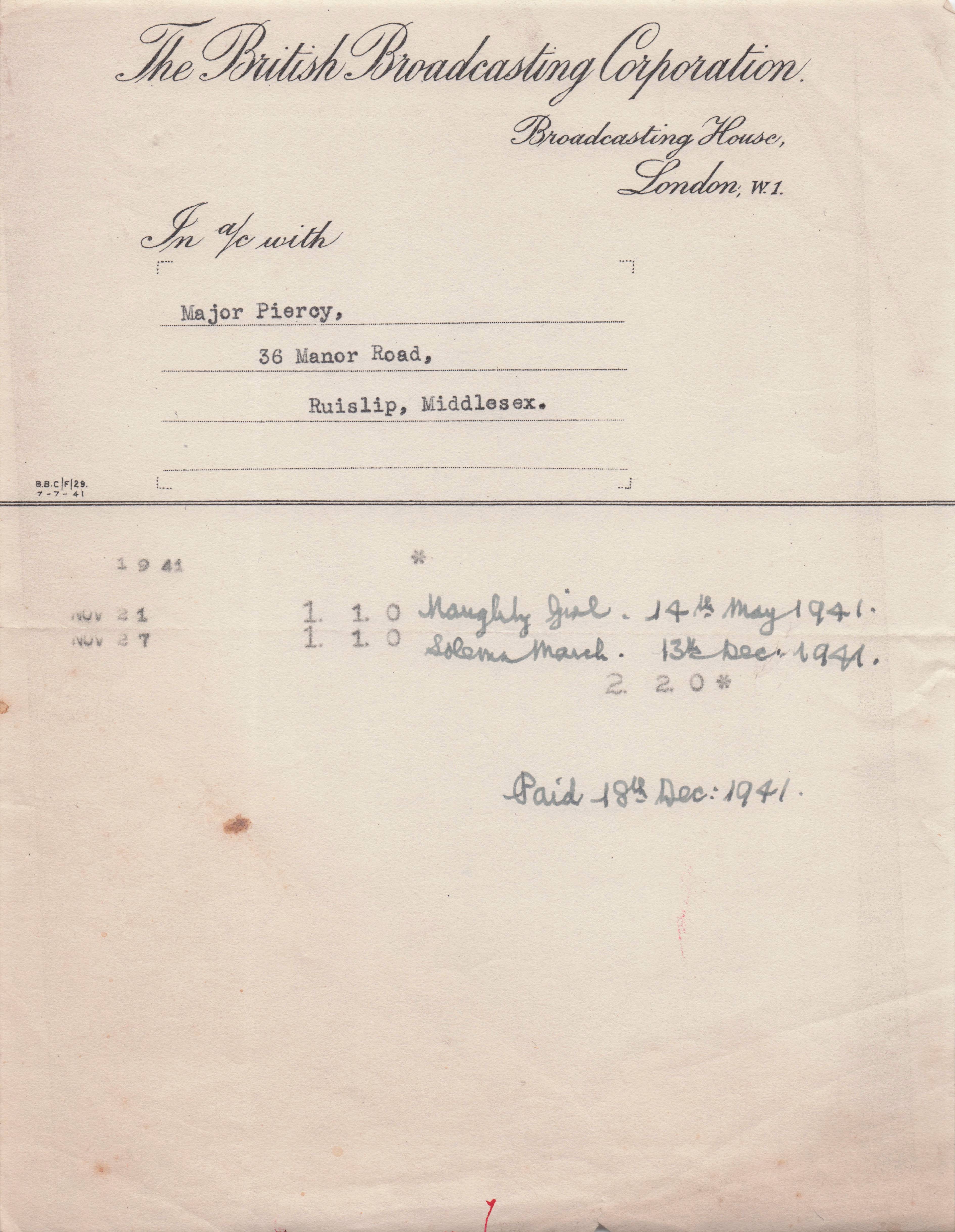 BBC Letter WW2 to Military Major Naughty Girl Sheet Music Receipt