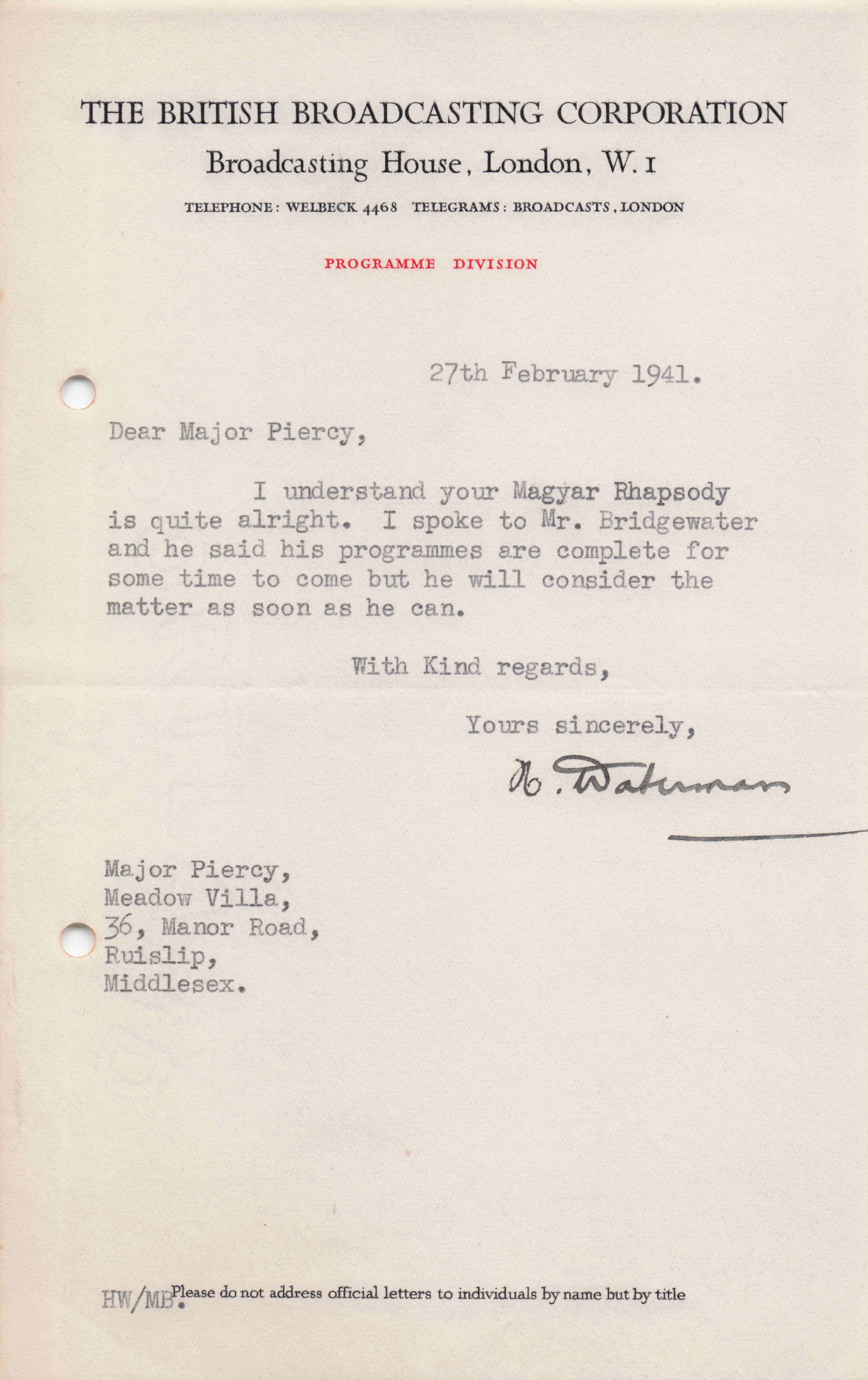 Leslie Bridgewater BBC Composer Conductor Rejects Music Signed WW2 Letter