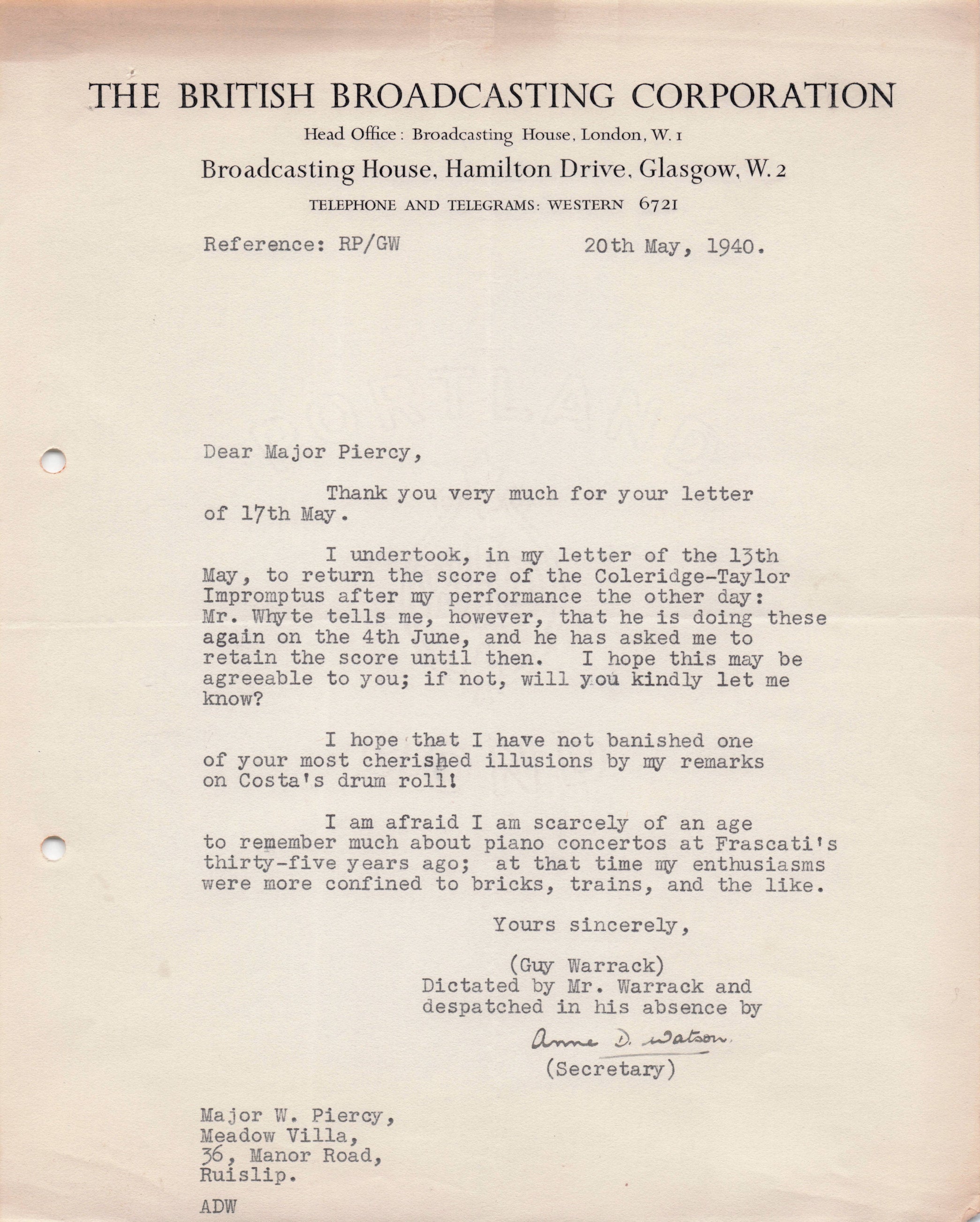 Guy Warrack BBC Scottish WW2 Orchestra Conductor Hand Signed Letter
