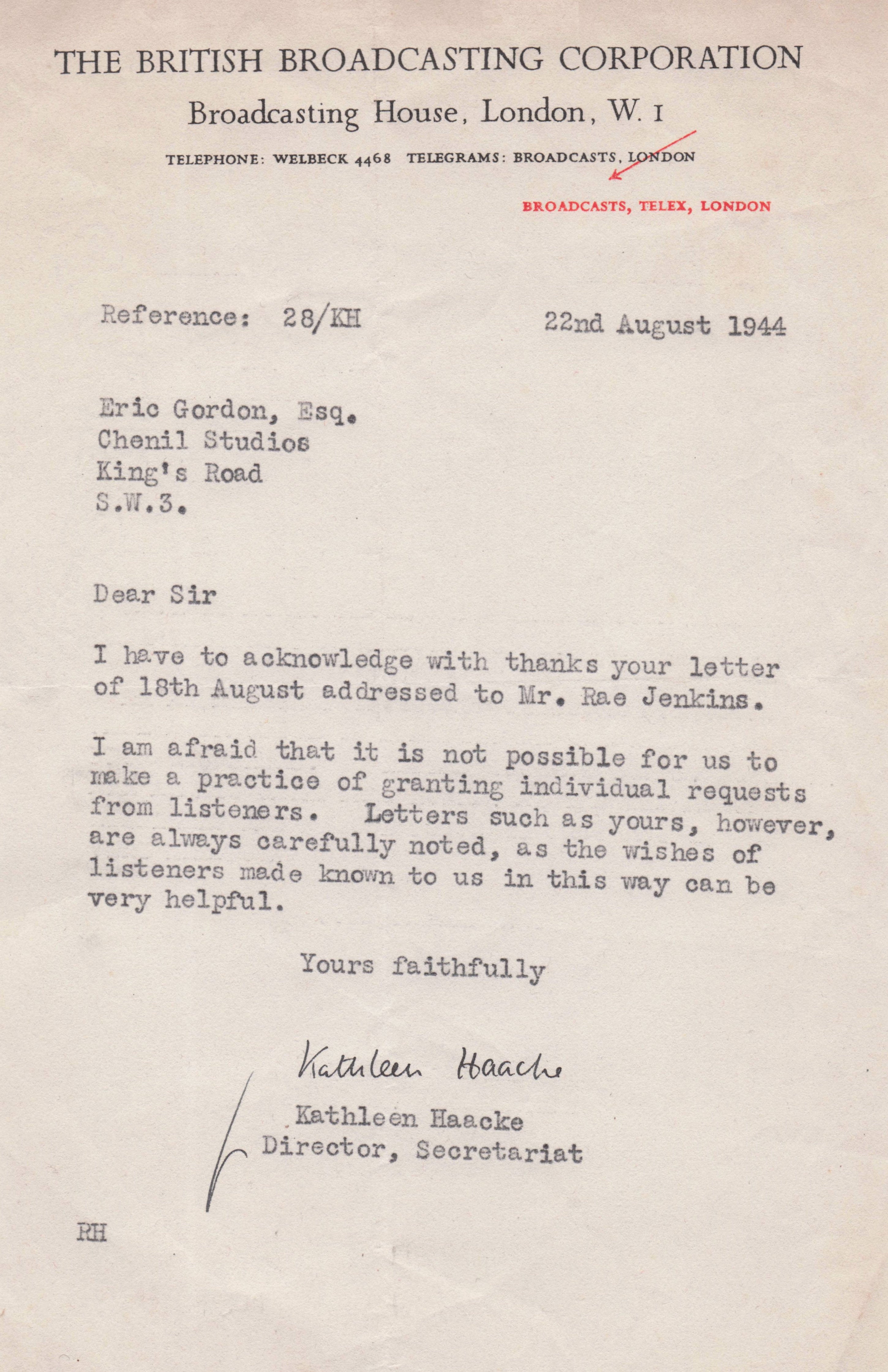Kathleen Haacke MBE BBC Library WW2 Defence Frank Hughes Artist Signed Letter