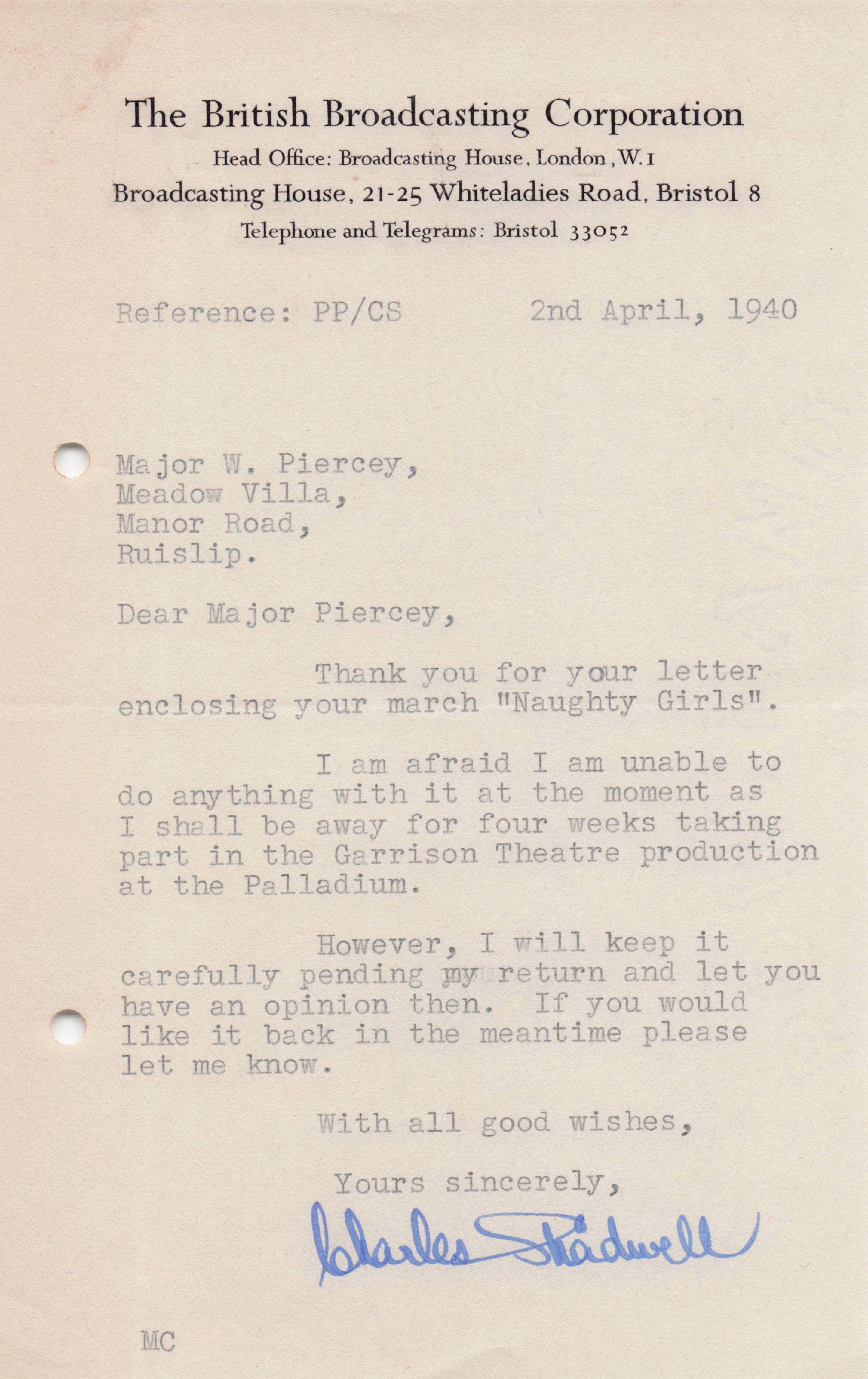 Charles Shadwell Naughty Girls March BBC WW2 Radio Hand Signed Letter