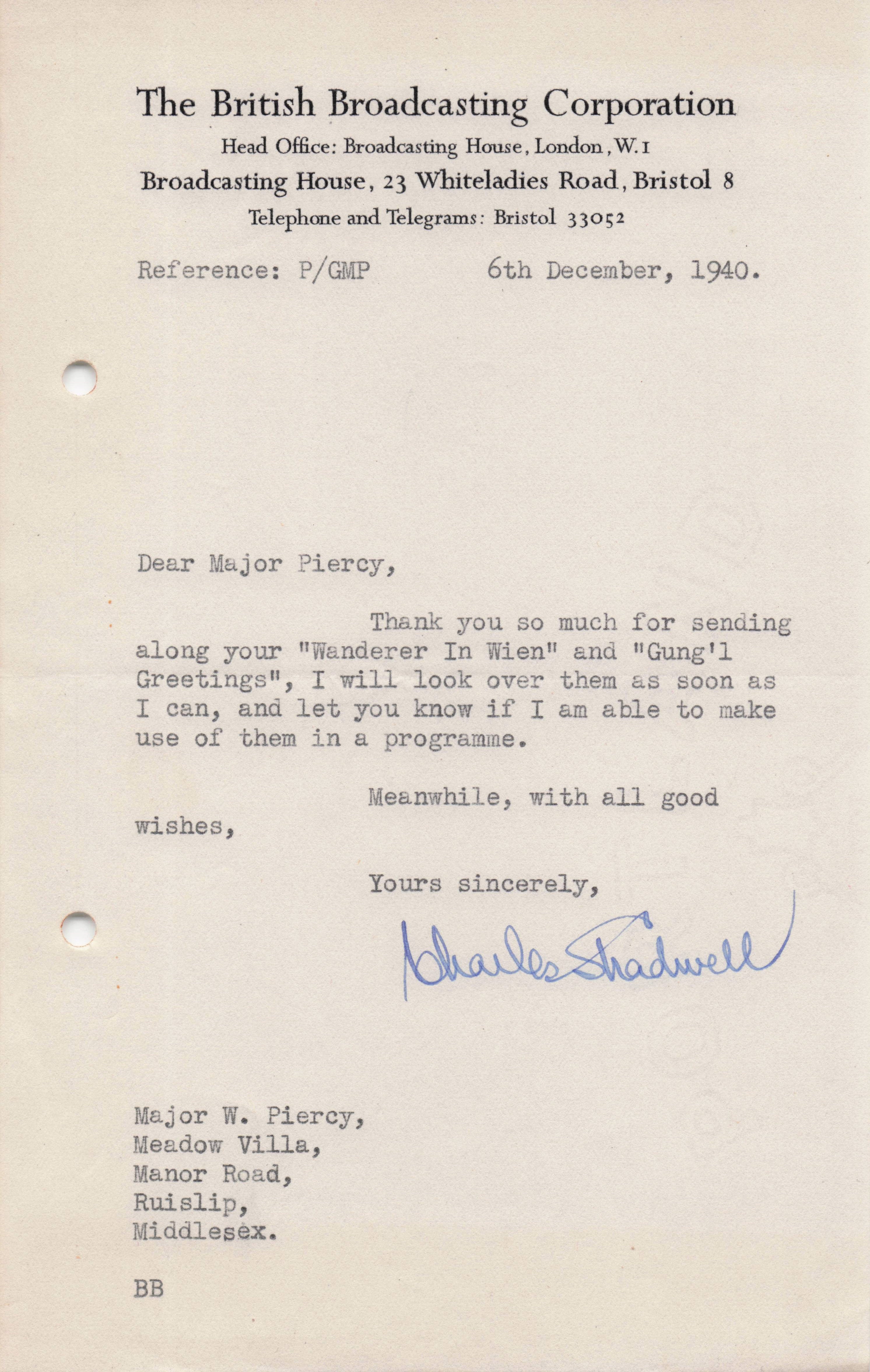Charles Shadwell BBC Military Radio WW2 Wien Music Hand Signed Letter