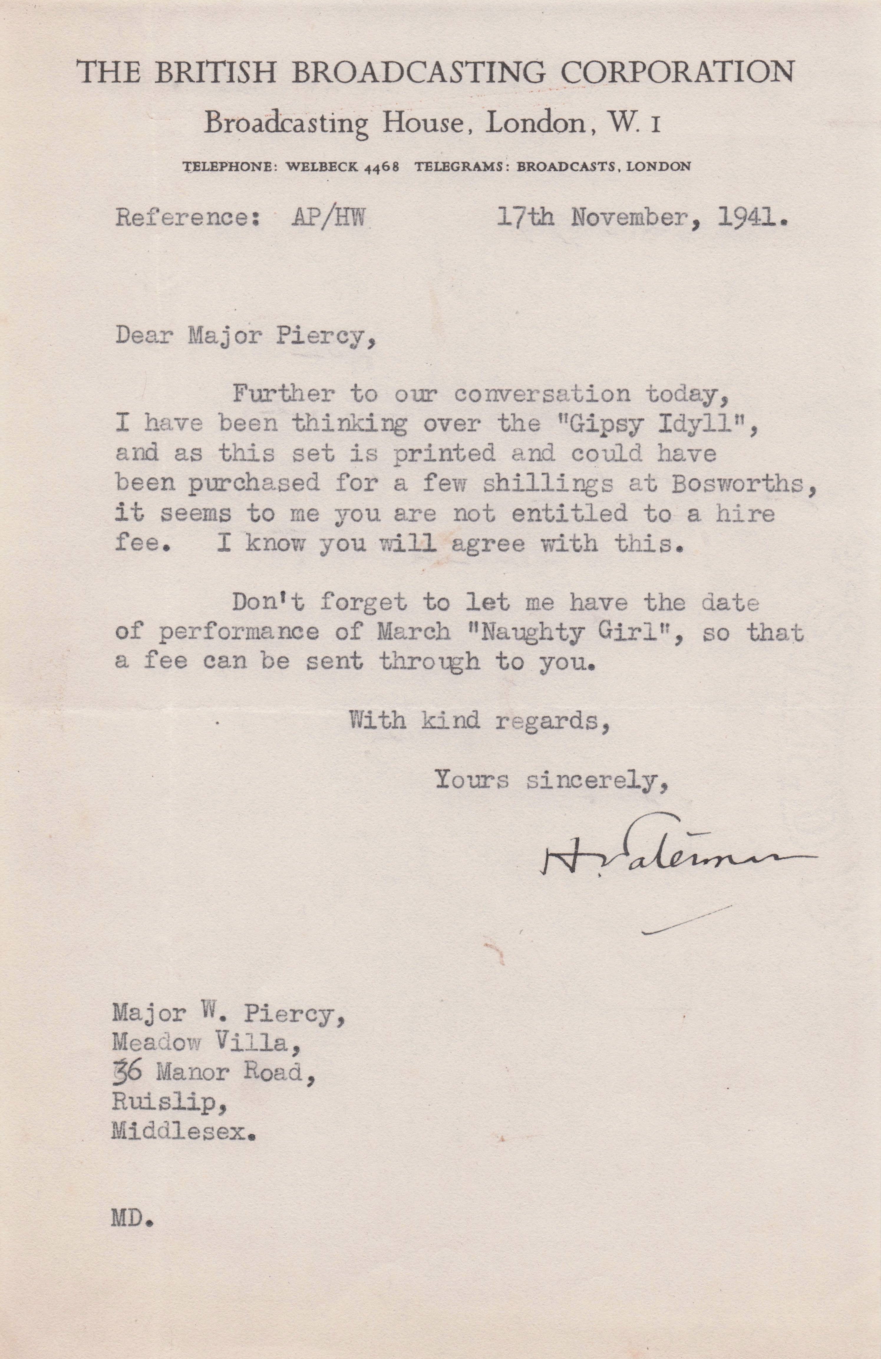 Charles Shadwell Gypsy Idyll Military WW2 BBC Radio Show Hand Signed Letter