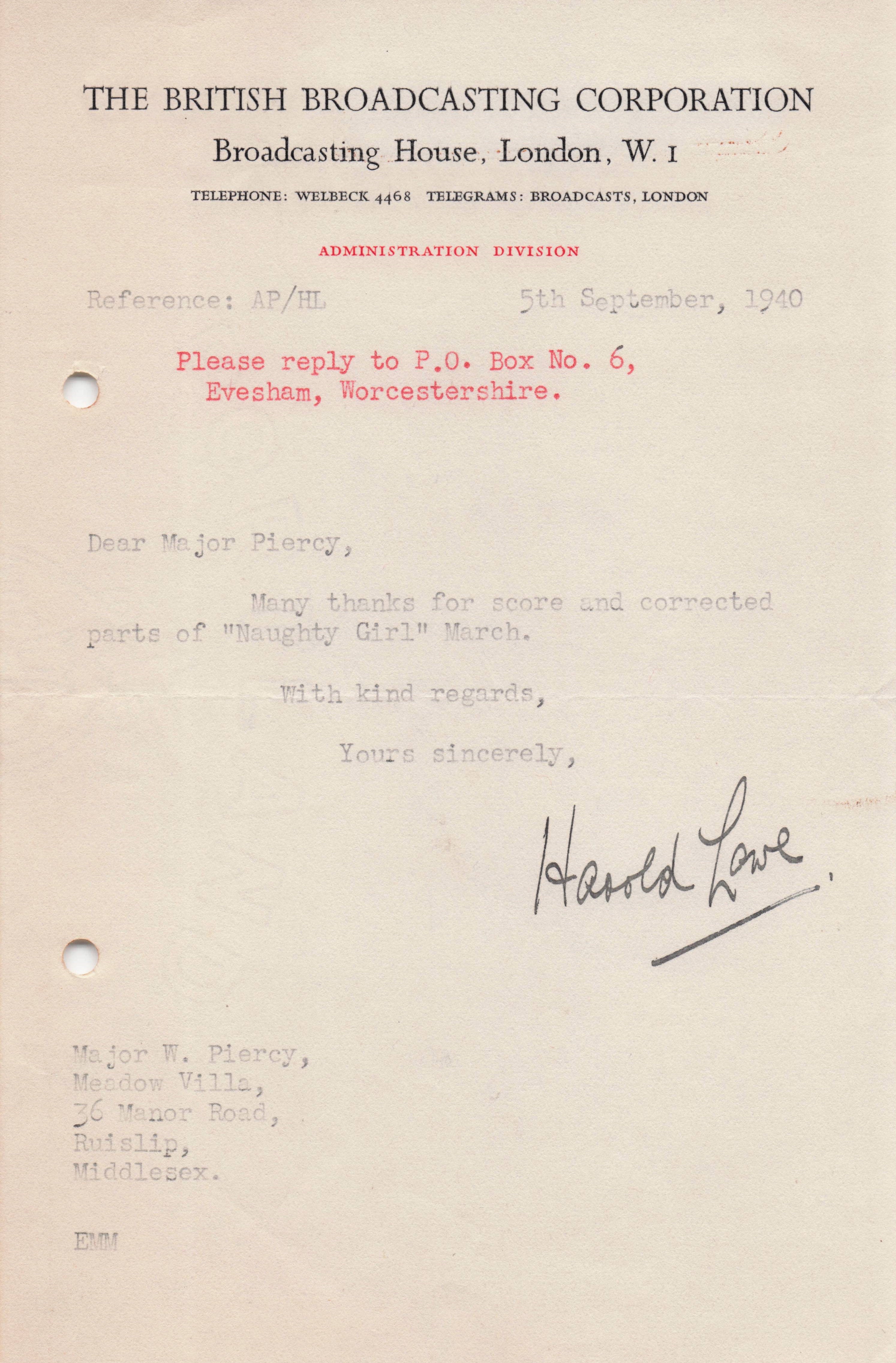 Harold Lowe BBC War WW2 Radio Naughty Girl Military March Hand Signed Letter