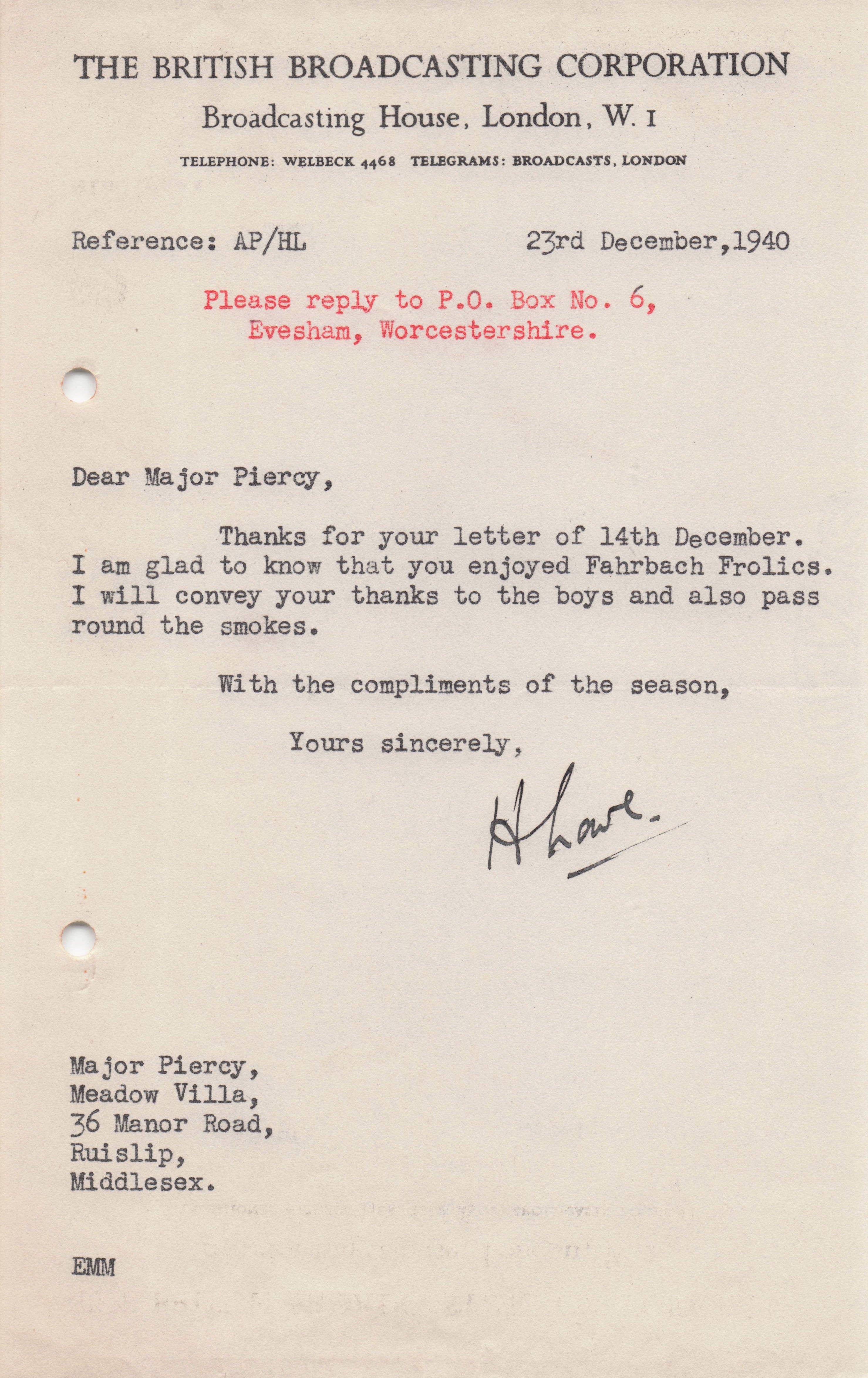 Harold Lowe BBC War WW2 Radio Fahrbach Frolics Hand Signed Letter