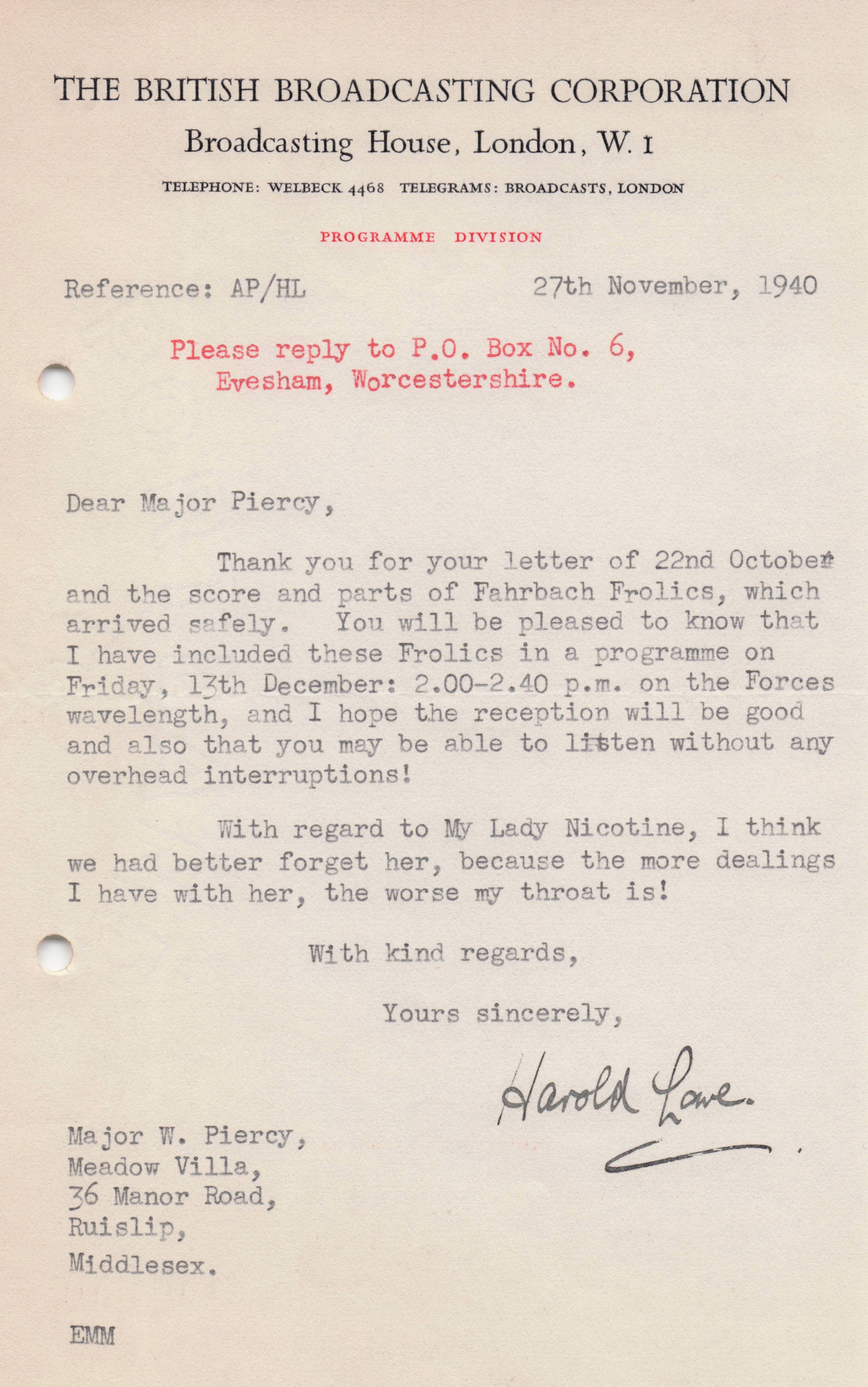 Harold Lowe BBC WW2 Forces War Radio To Military Smoking Hand Signed Letter