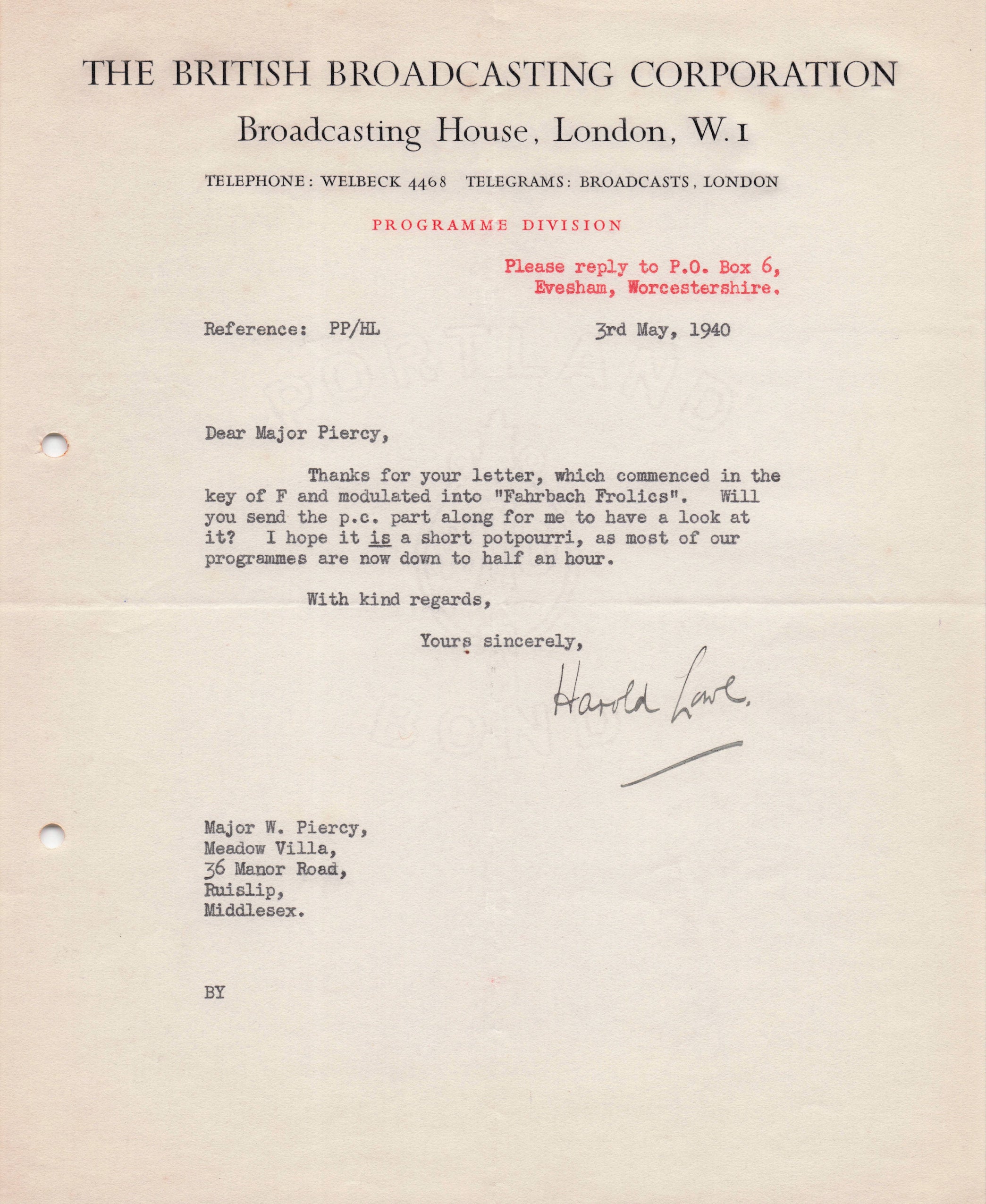 Harold Lowe BBC WW2 Radio Fahrbach Sheet Music For Show Hand Signed Letter