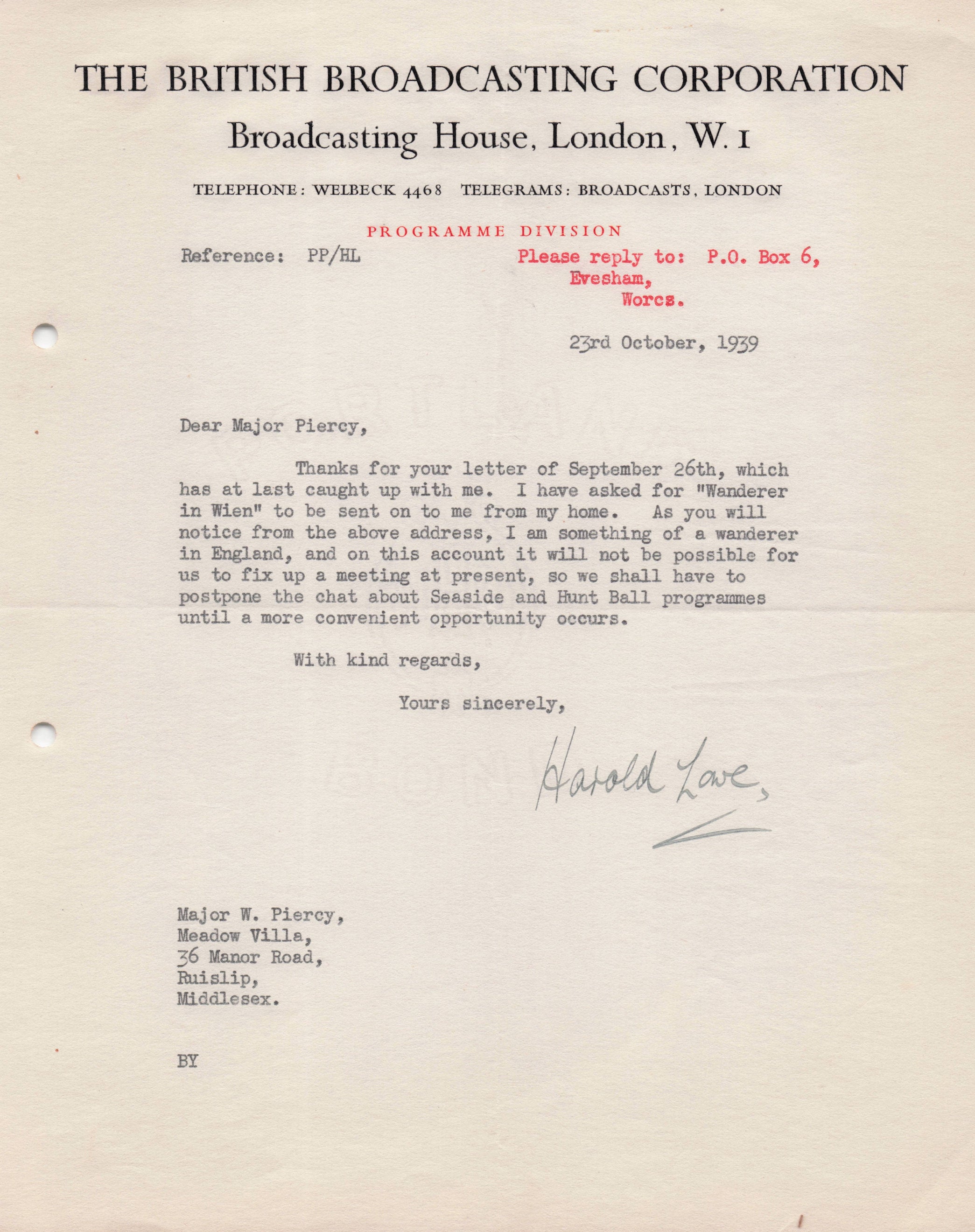 Harold Lowe WW2 Hunt Ballroom Programmes BBC Radio 1939 Hand Signed Letter