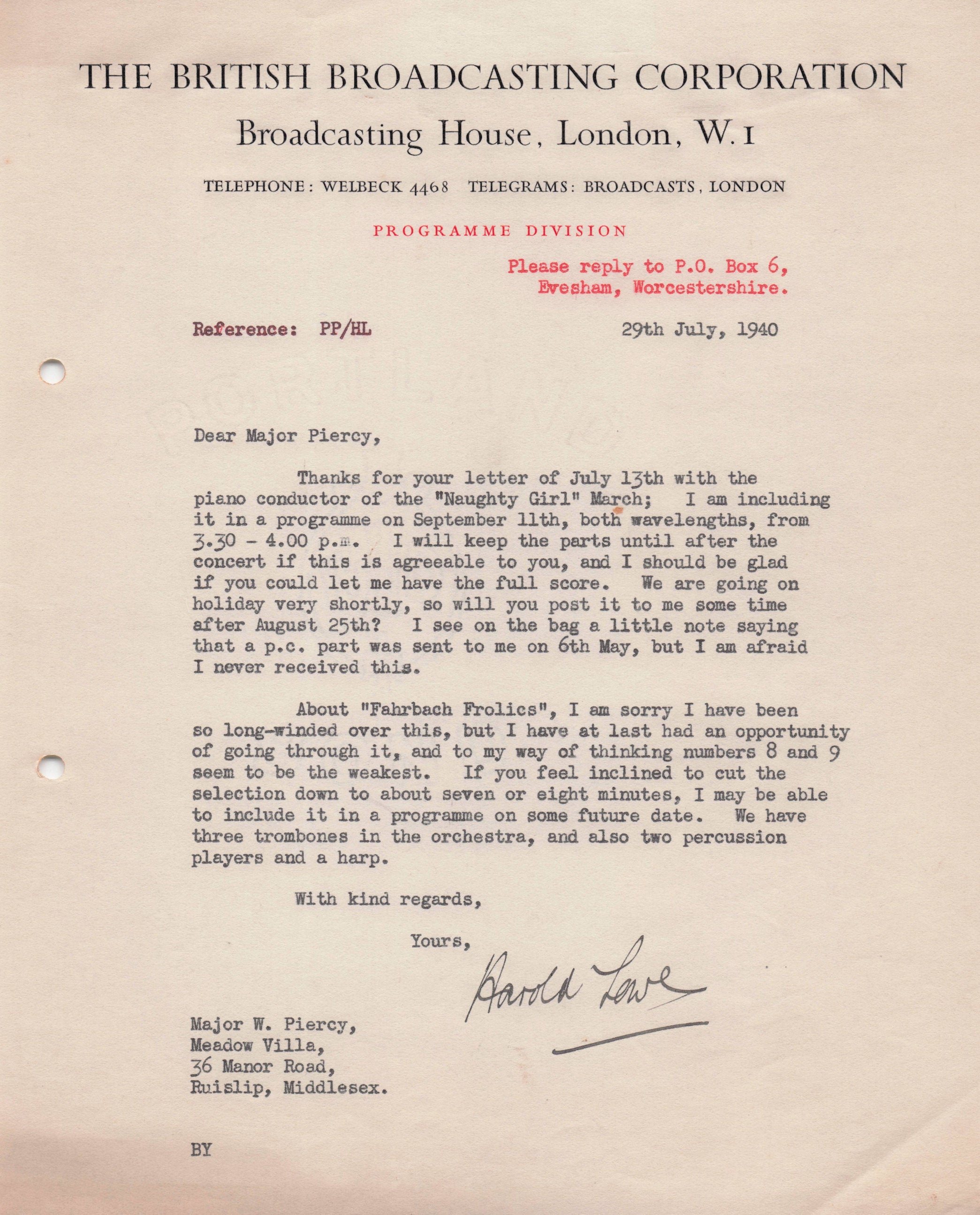 Harold Lowe BBC Radio Military Major Composer Show WW2 Hand Signed Letter