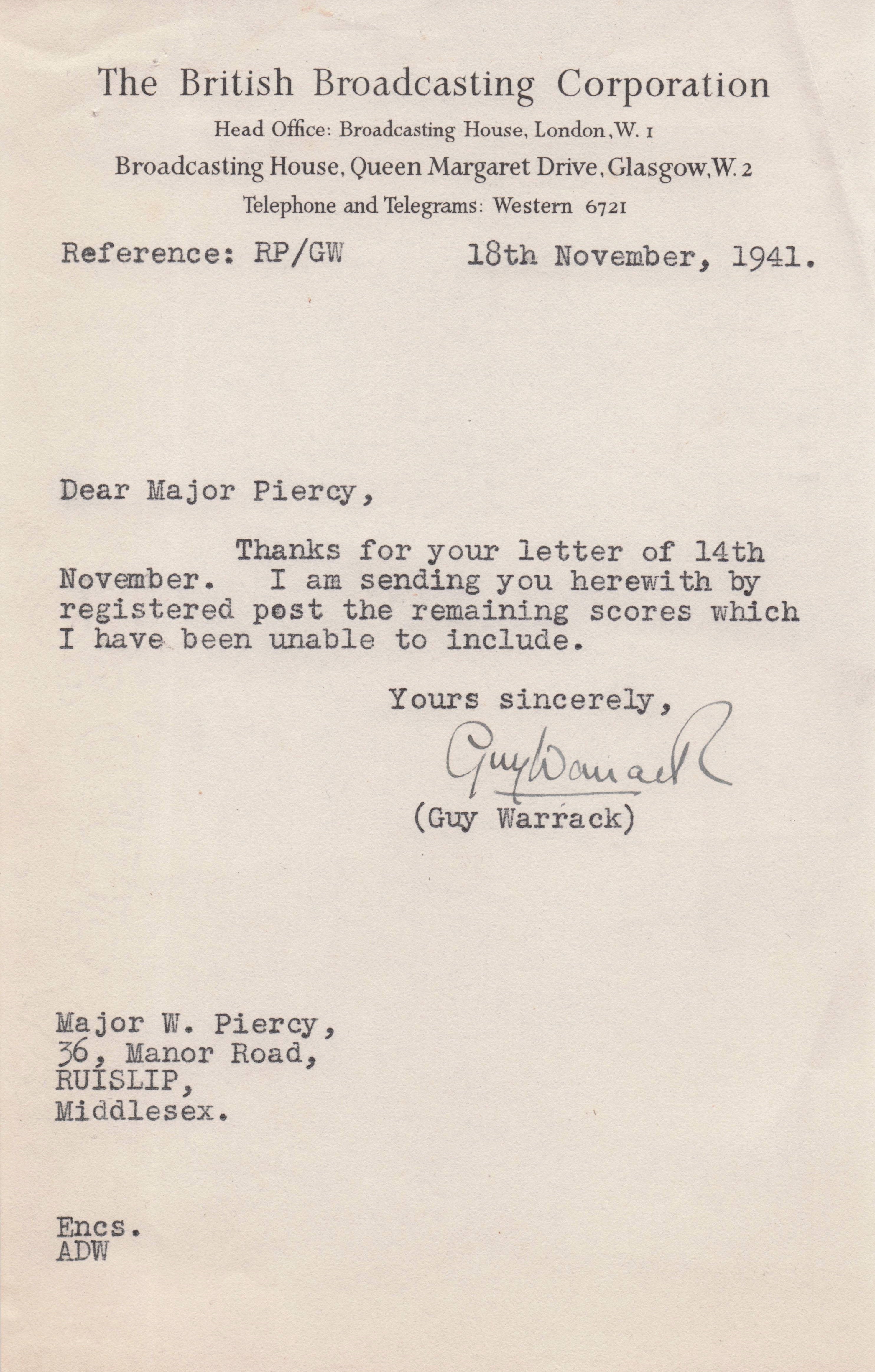 Guy Warrack Scottish BBC WW2 Radio Orchestra Conductor Hand Signed Letter