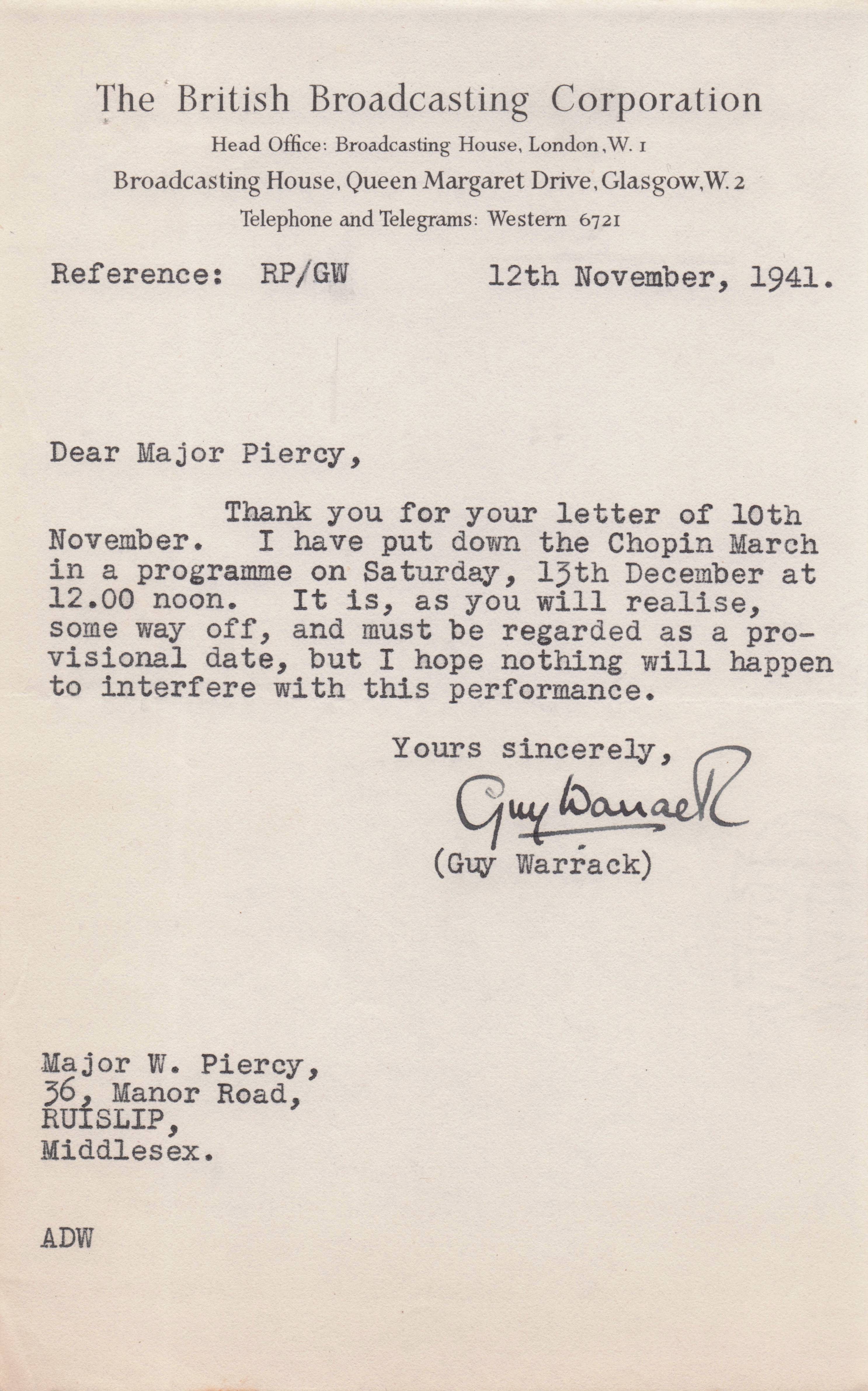 Guy Warrack Scotland BBC WW2 Radio Military Chopin March Hand Signed Letter