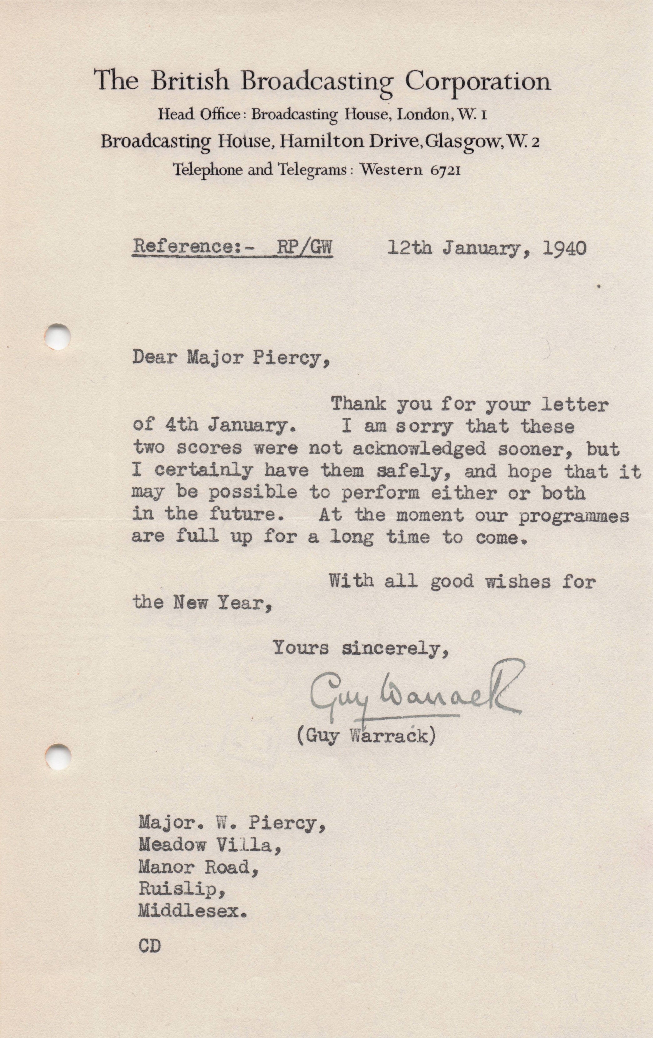 Guy Warrack Scotland BBC WW2 Military Scottish Orchestra Hand Signed Letter