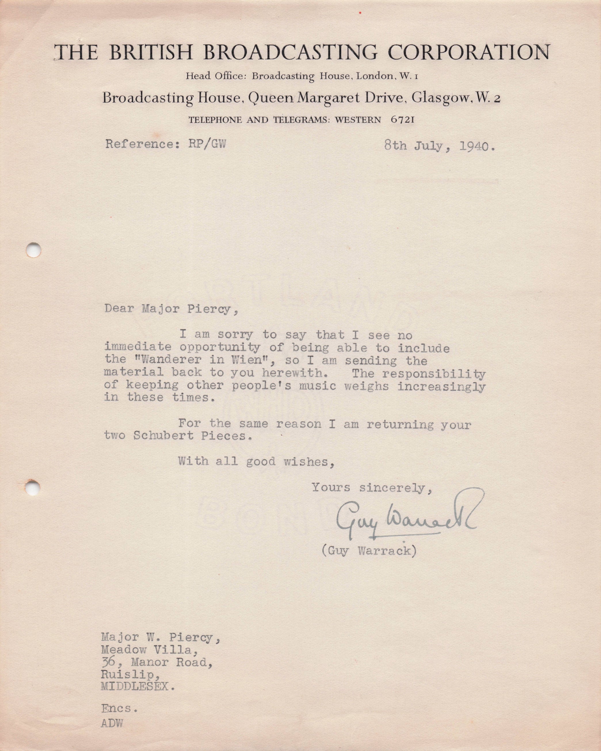 Guy Warrack BBC WW2 Orchestra Glasgow Scotland Schubert Hand Signed Letter