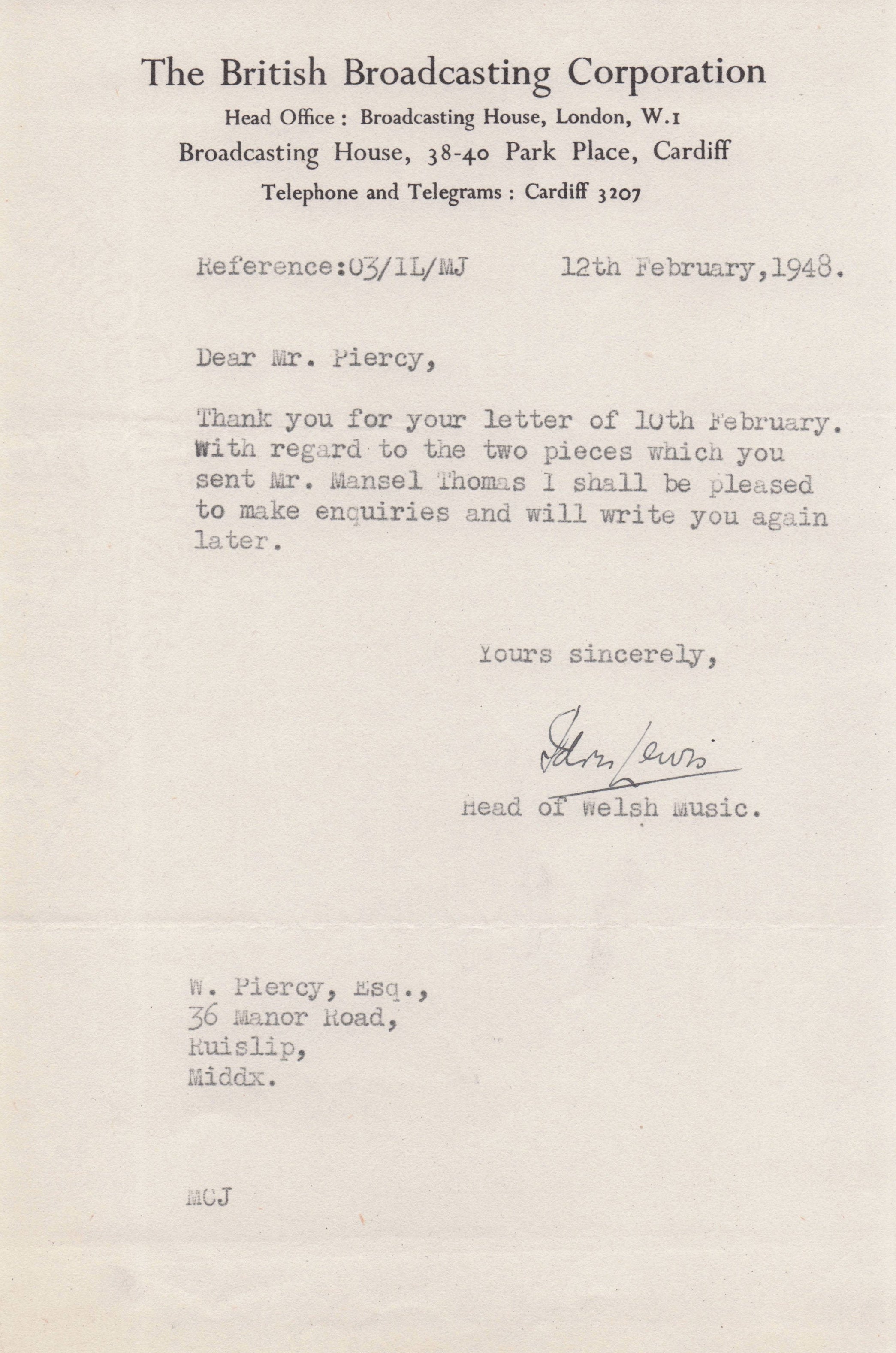 Idris Lewis BBC 1940s Wales Director Of Music Orchestra Hand Signed Letter