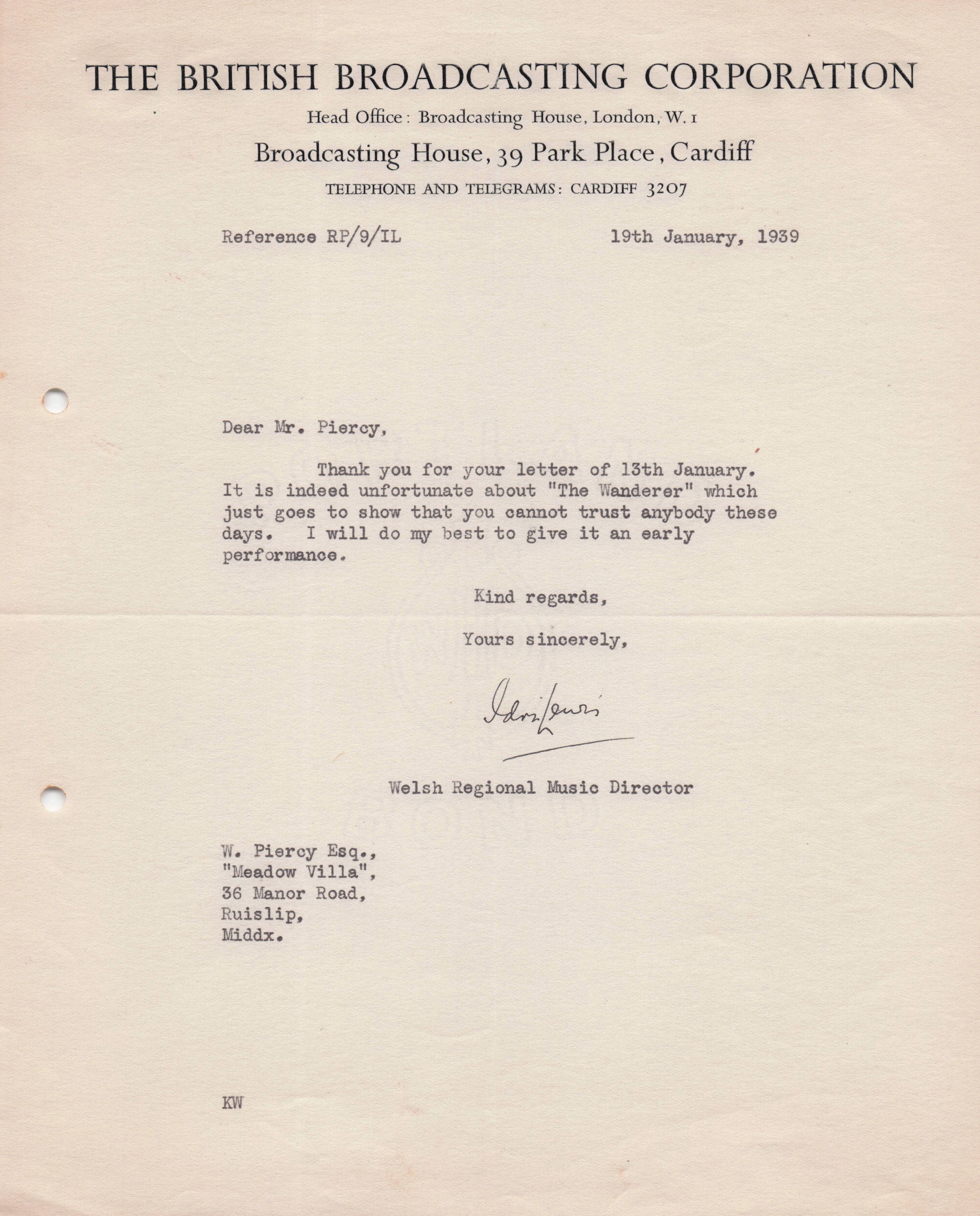 Idris Lewis BBC WW2 Wales Director Of Music Orchestra Hand Signed Letter
