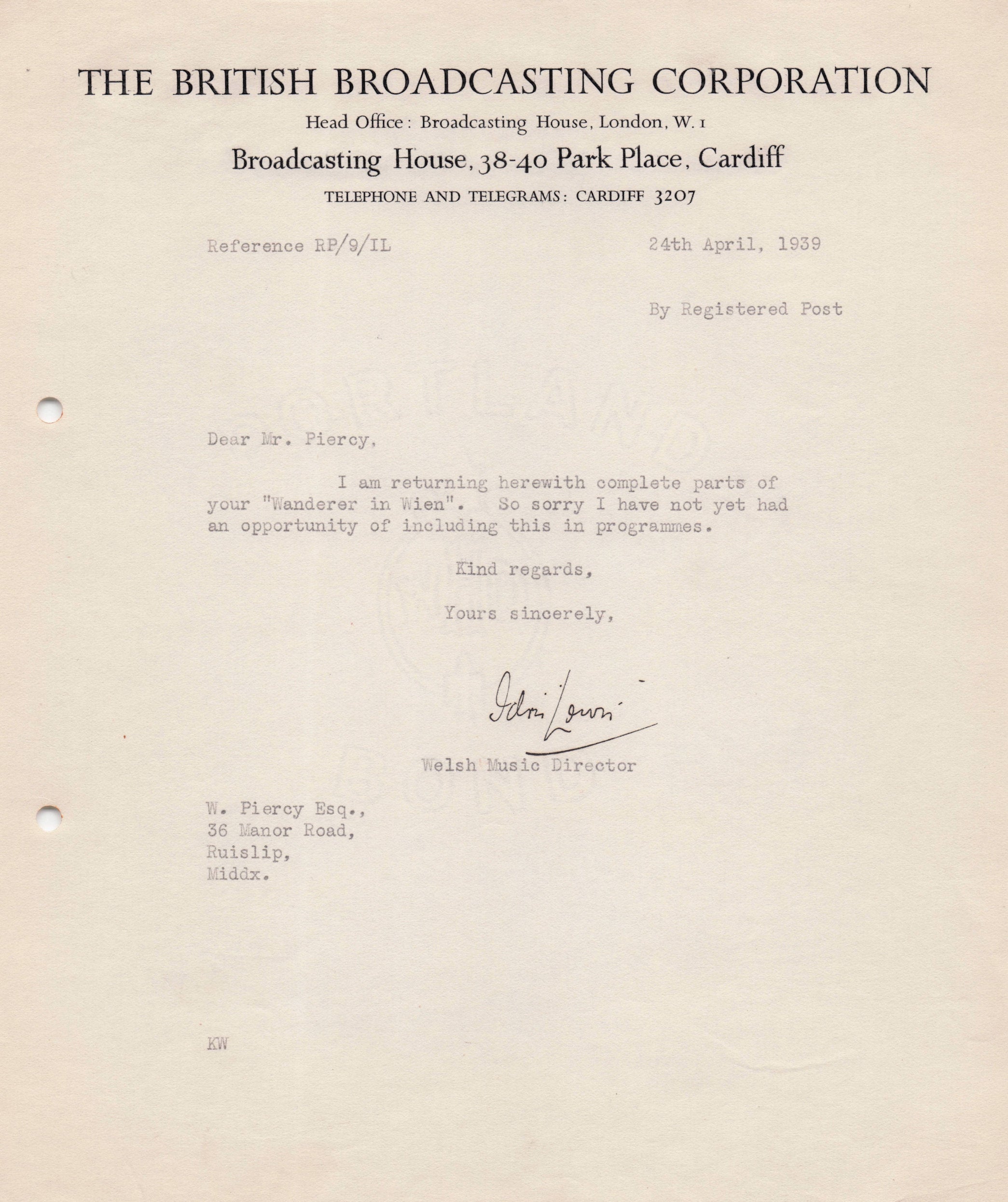 Idris Lewis BBC WW2 Welsh Director Of Music Orchestra Hand Signed Letter