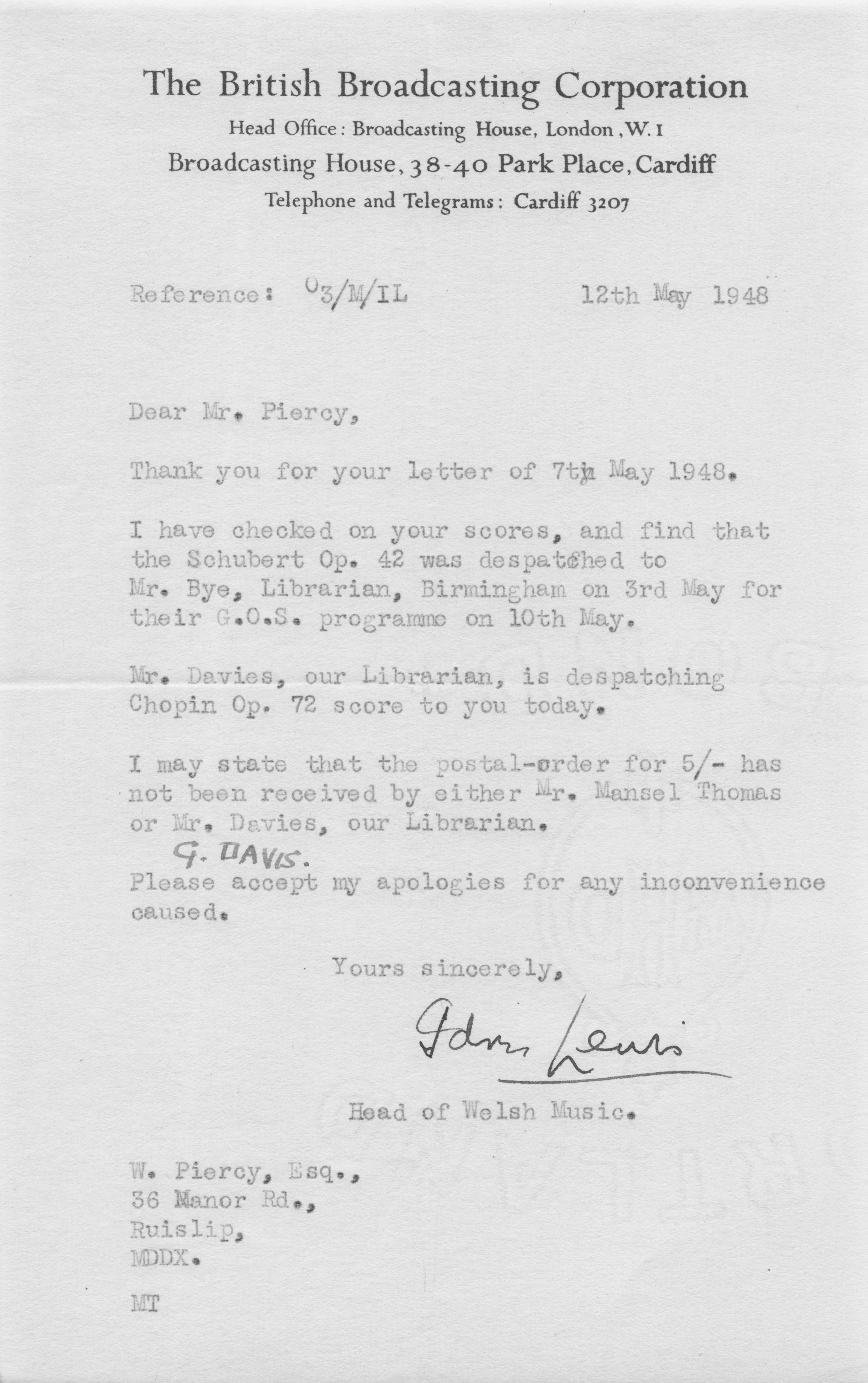 Idris Lewis BBC Wales 1940s Director Of Music Schubert Chopin Hand Signed Letter