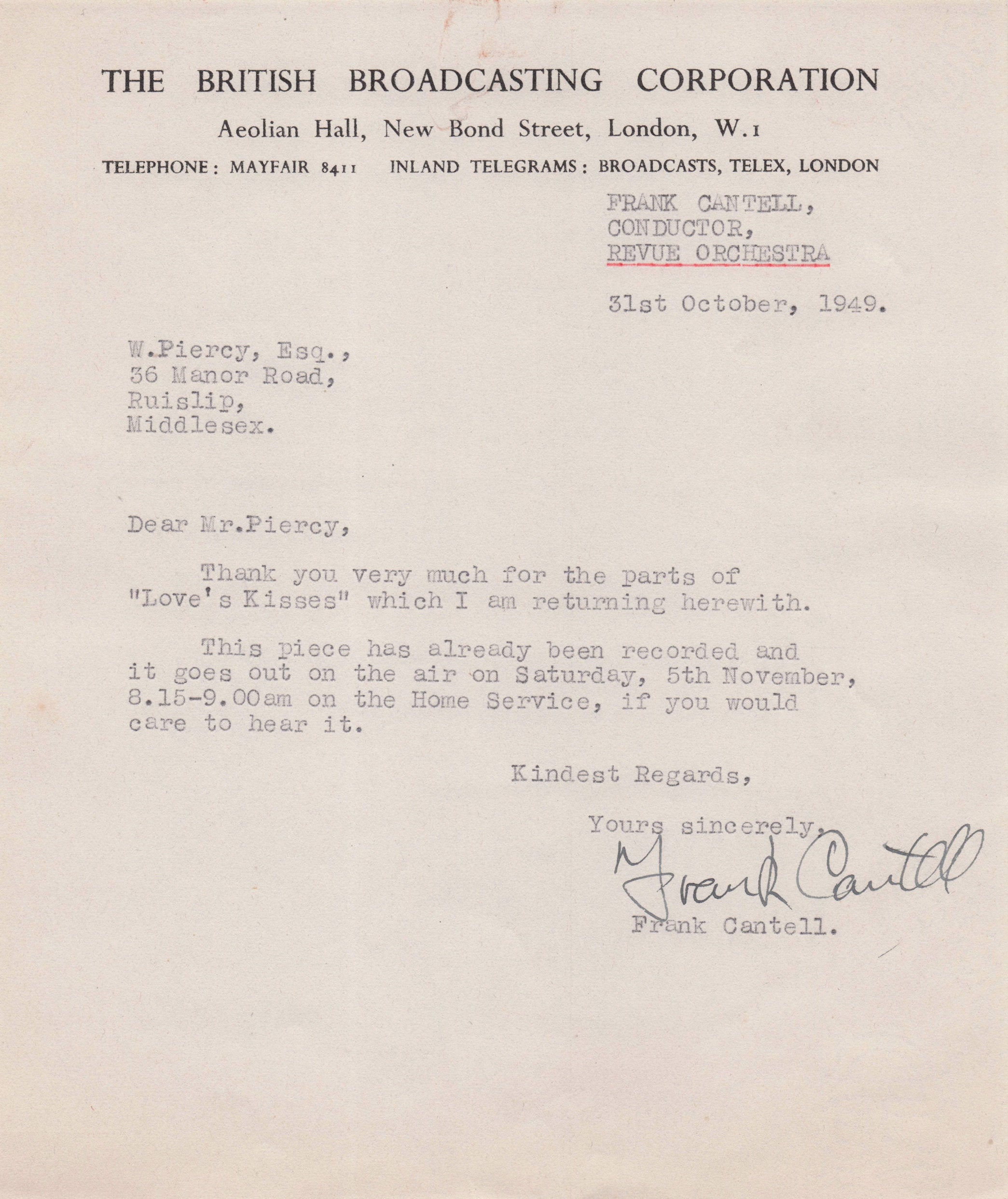 Frank Cantell BBC Orchestra Conductor Love's Kisses Old Hand Signed Letter